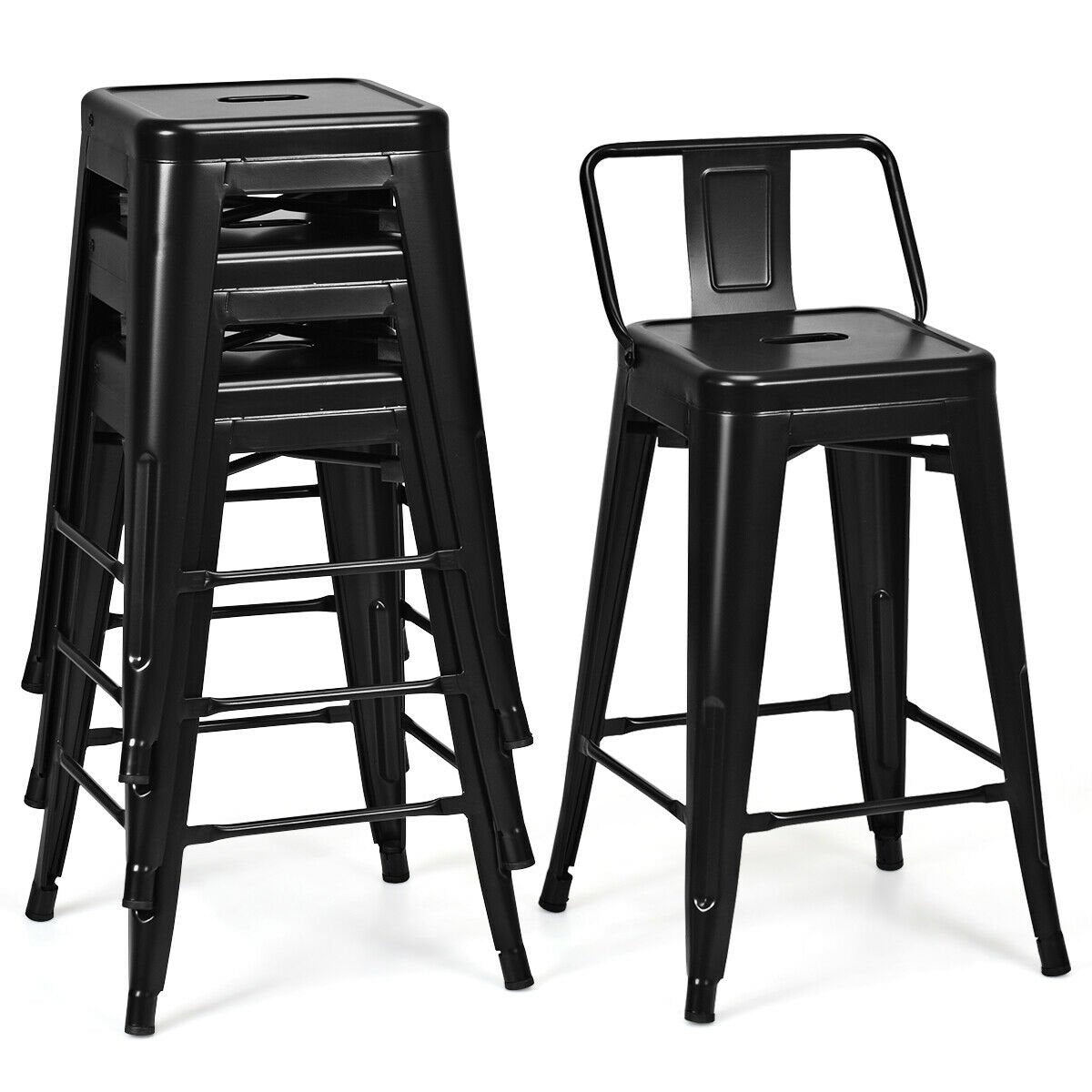 24 Inch Set of 4 Cafe Side Chairs with Rubber Feet and Removable Back, Black Bar Stools   at Gallery Canada