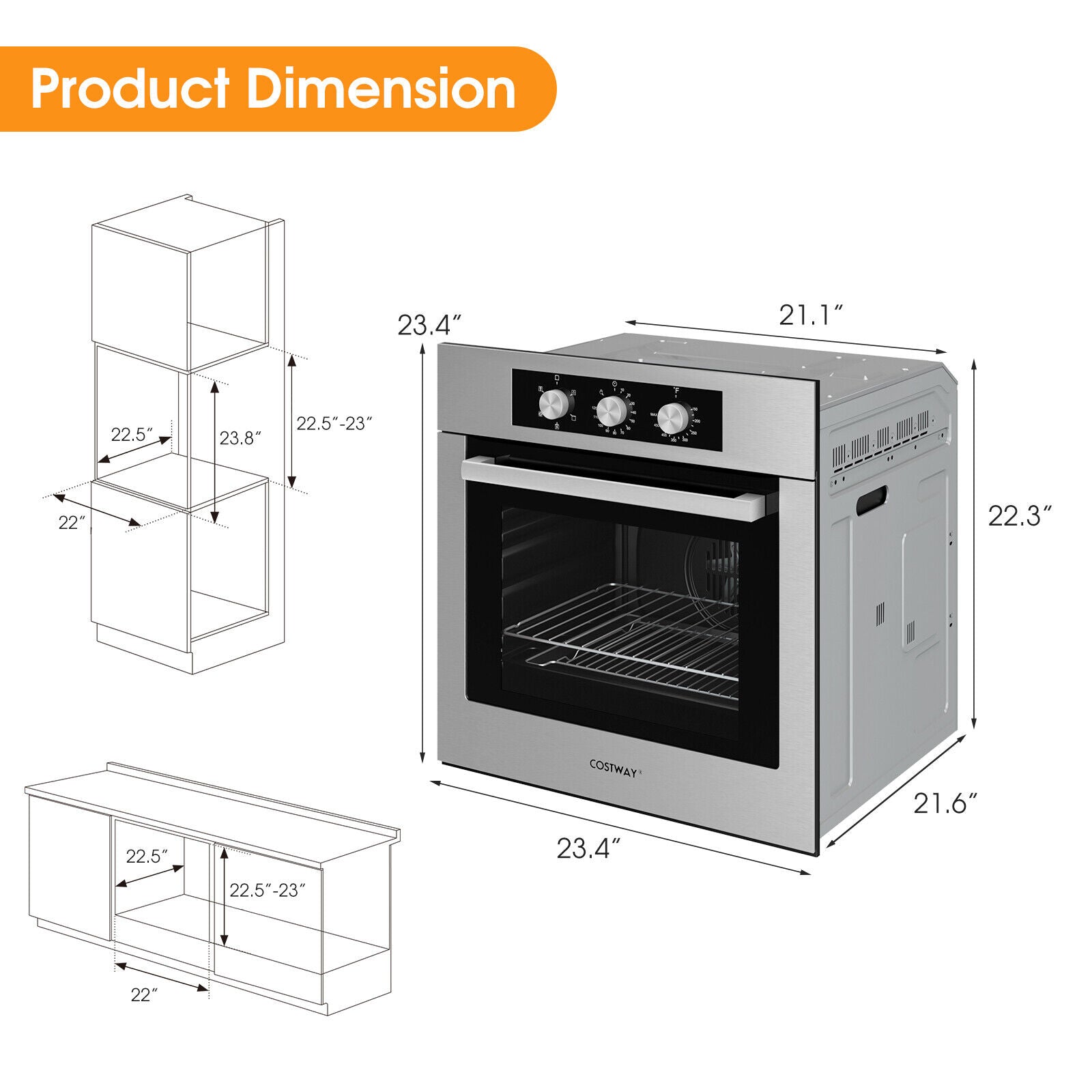 24 Inch Single Wall Oven 2.47Cu.ft with 5 Cooking Modes, Silver Toaster Ovens   at Gallery Canada