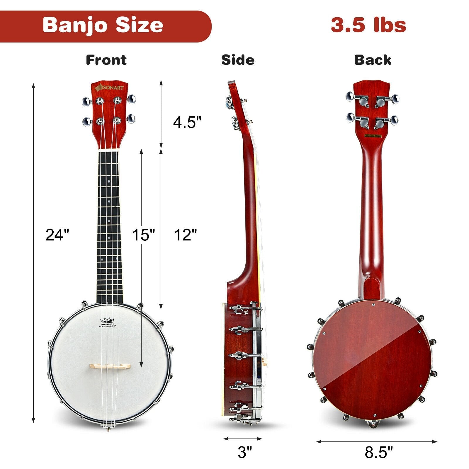 24 Inch Sonart 4-String Banjo Ukulele with Remo Drumhead and Gig Bag, Red Guitar & Strings   at Gallery Canada