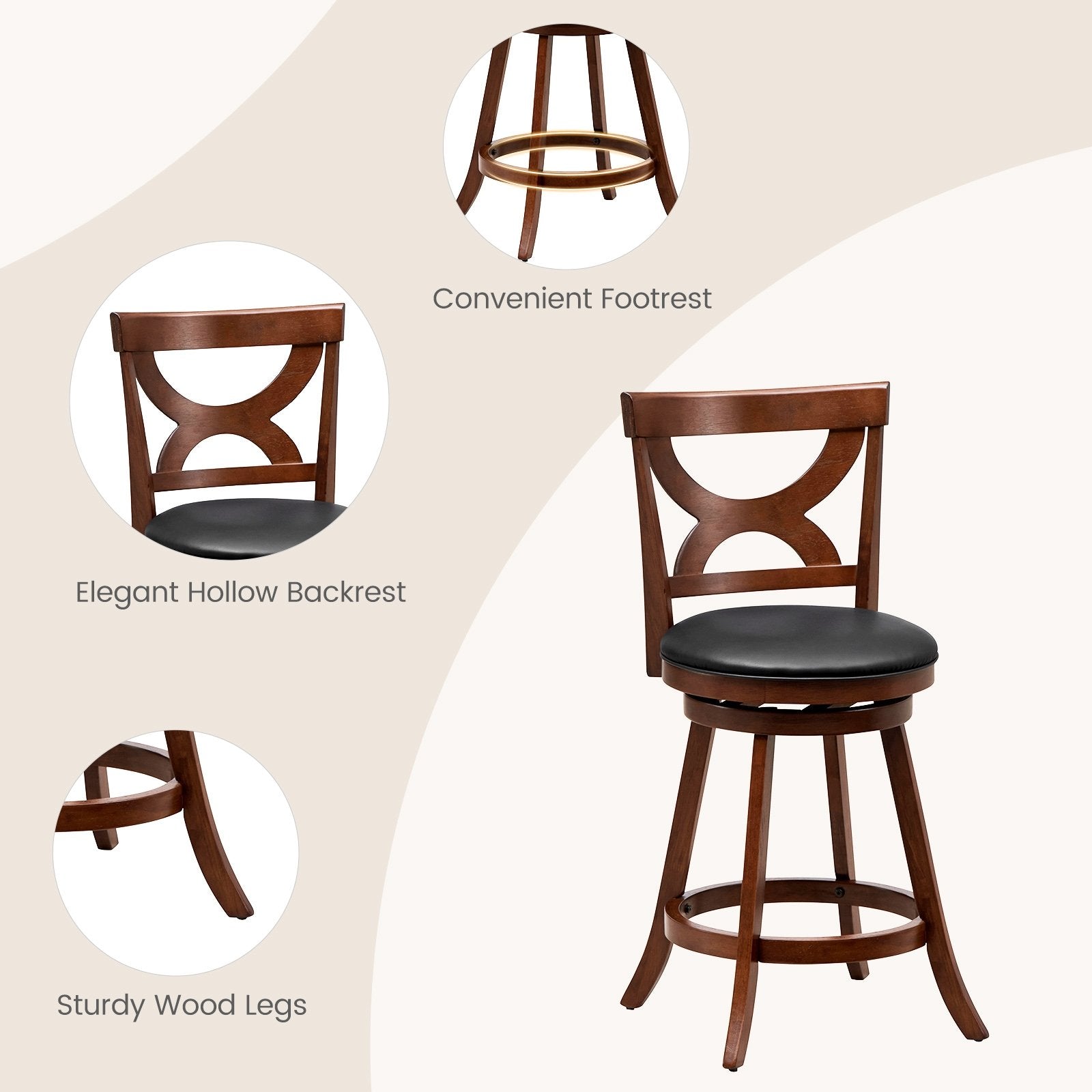 24 Inch Swivel Bar Stools Set of 2 with Soft Cushion and Elegant Hollow Backrest, Rustic Brown Bar Stools   at Gallery Canada