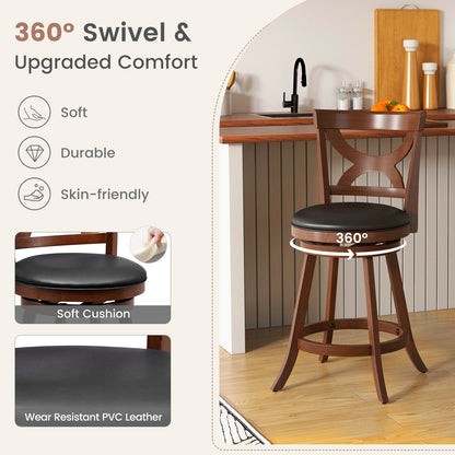 24 Inch Swivel Bar Stools Set of 2 with Soft Cushion and Elegant Hollow Backrest, Rustic Brown Bar Stools   at Gallery Canada