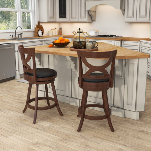 24 Inch Swivel Bar Stools Set of 2 with Soft Cushion and Elegant Hollow Backrest, Rustic Brown