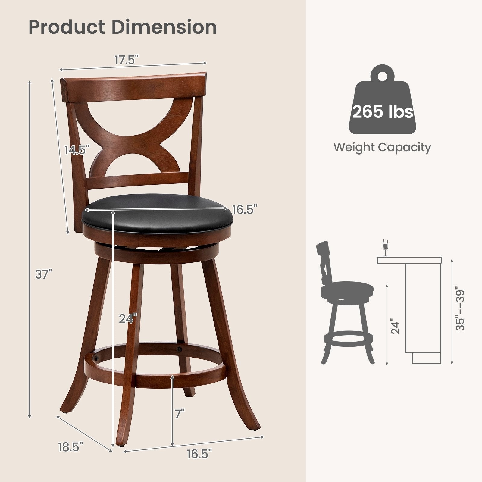 24 Inch Swivel Bar Stools Set of 2 with Soft Cushion and Elegant Hollow Backrest, Rustic Brown Bar Stools   at Gallery Canada