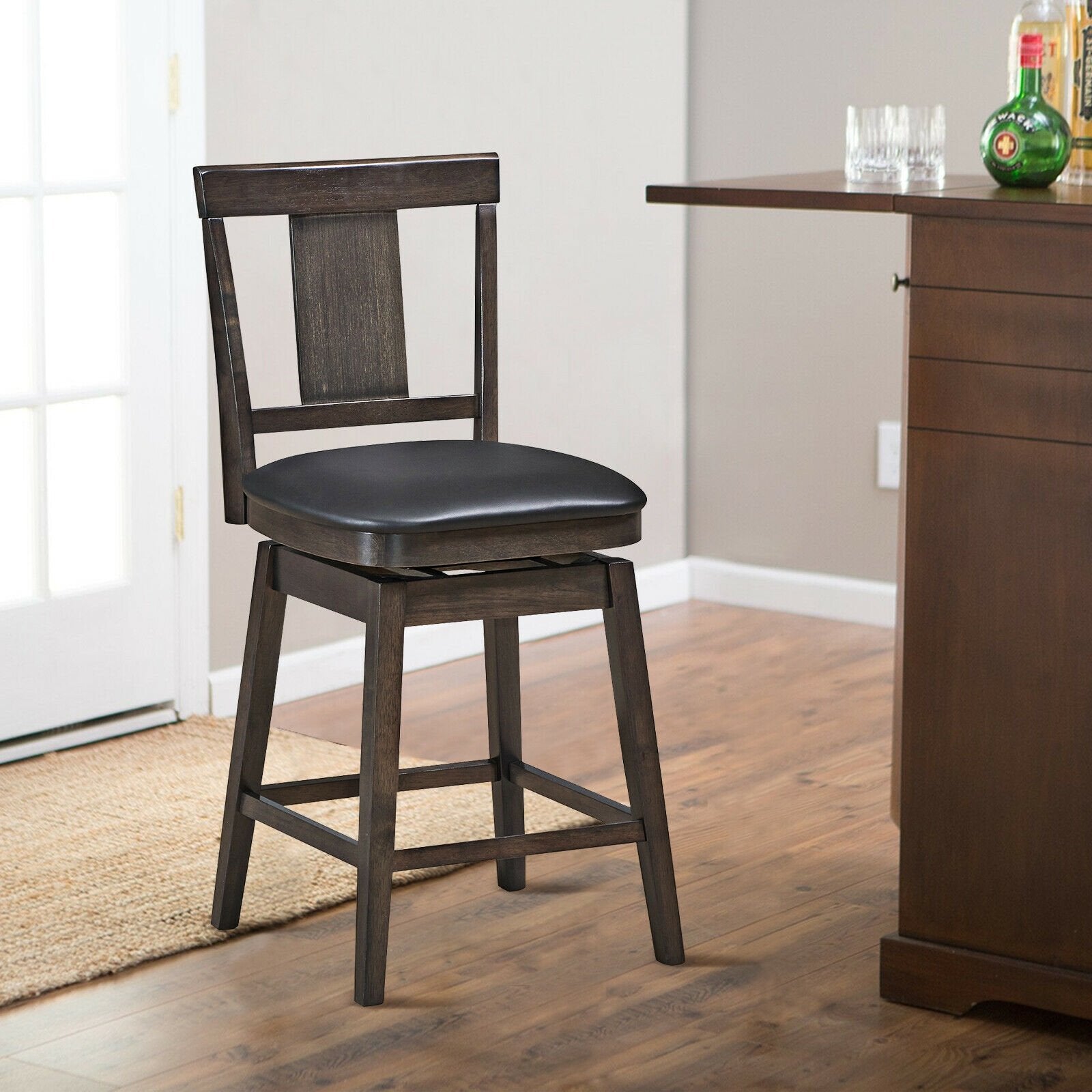 24 inch Swivel Upholstered Counter Height Bar Chair with Rubber Wood Legs, Brown Bar Stools   at Gallery Canada