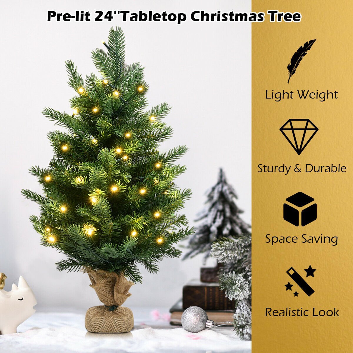 24 Inch Tabletop Fir Artificial Christmas Tree with LED Lights, Green Christmas Tree   at Gallery Canada