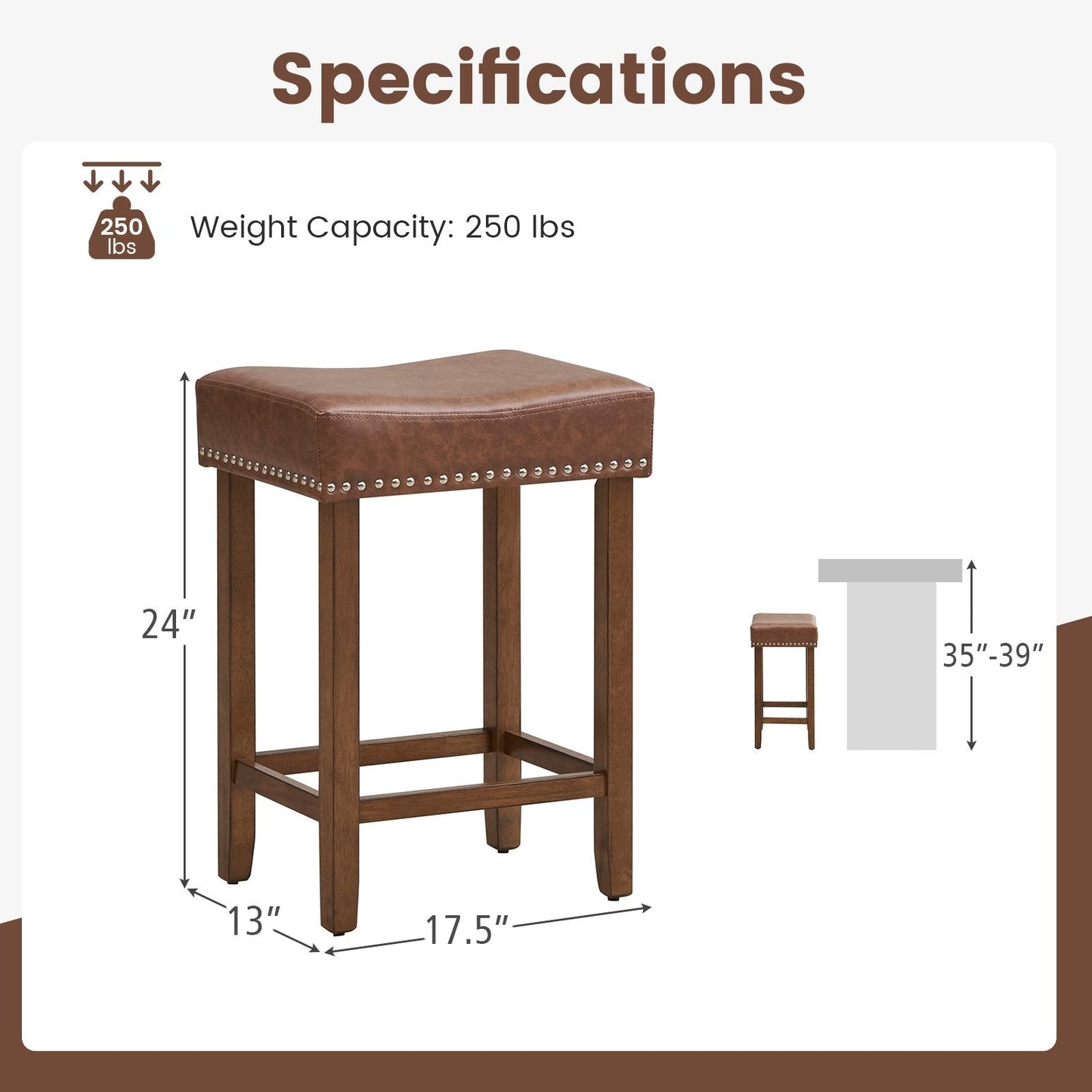 24 Inch Upholstered PU Leather Bar Stools Set of 2, Brown Bar Stools   at Gallery Canada