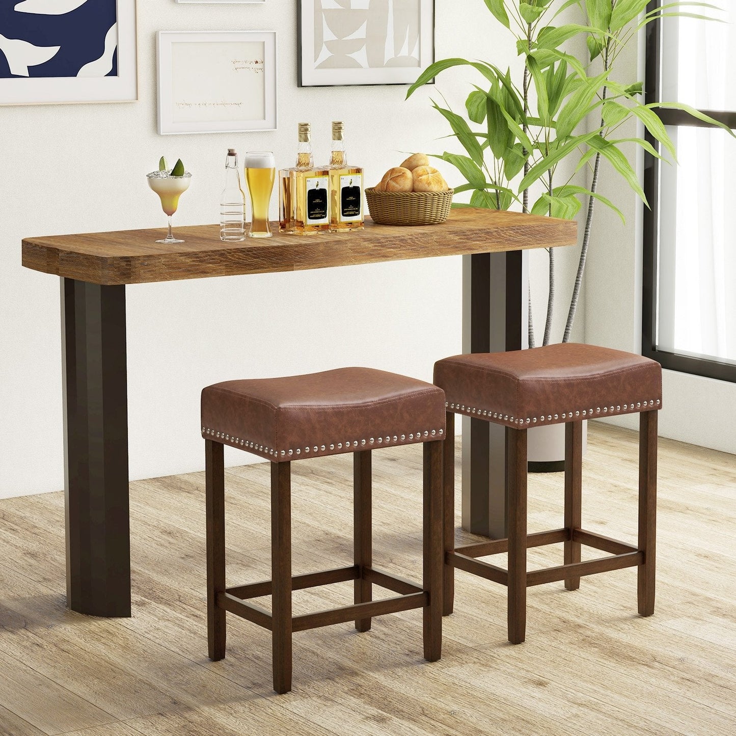 24 Inch Upholstered PU Leather Bar Stools Set of 2, Brown Bar Stools   at Gallery Canada