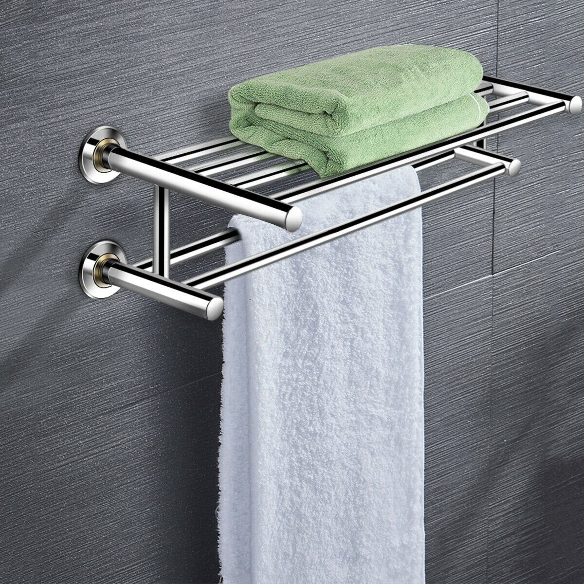 24 Inch Wall Mounted Stainless Steel Towel Storage Rack with 2 Storage Tier, Silver Towel Racks   at Gallery Canada