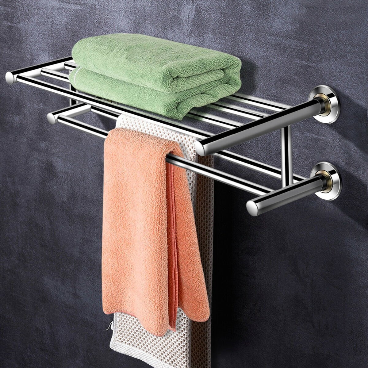 24 Inch Wall Mounted Stainless Steel Towel Storage Rack with 2 Storage Tier, Silver Towel Racks   at Gallery Canada