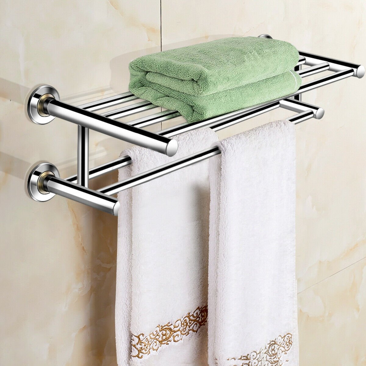 24 Inch Wall Mounted Stainless Steel Towel Storage Rack with 2 Storage Tier, Silver Towel Racks   at Gallery Canada