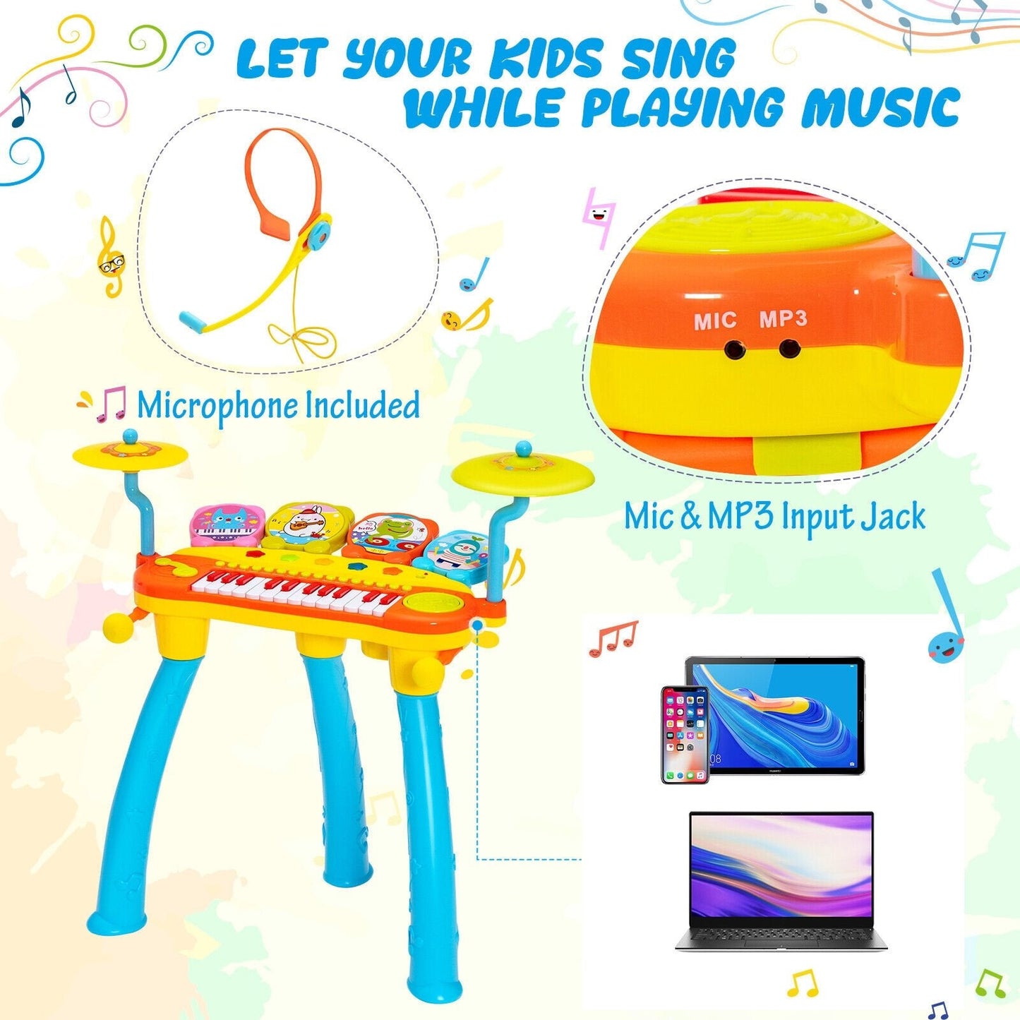 24-Key Piano Keyboard DJ Drum Combination with Microphone and MP3, Blue Musical Toys   at Gallery Canada