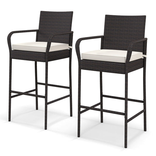 2/4 Pieces Outdoor PE Rattan Cushioned Barstool Set with Armrests-Set of 2, Off White Patio Bar Furniture   at Gallery Canada