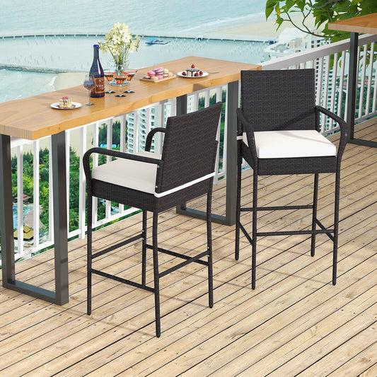 2/4 Pieces Outdoor PE Rattan Cushioned Barstool Set with Armrests-Set of 2, Off White Patio Bar Furniture   at Gallery Canada