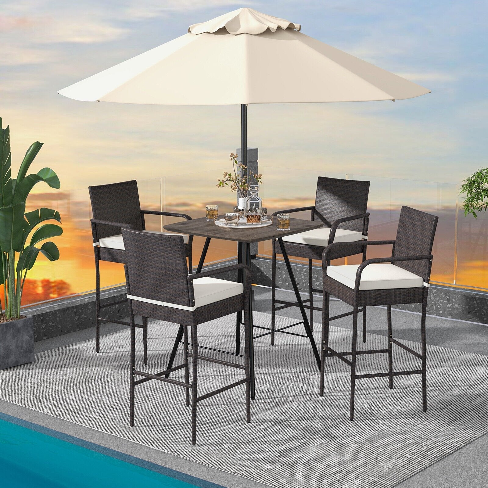 2/4 Pieces Outdoor PE Rattan Cushioned Barstool Set with Armrests-Set of 4, Off White Patio Bar Furniture   at Gallery Canada