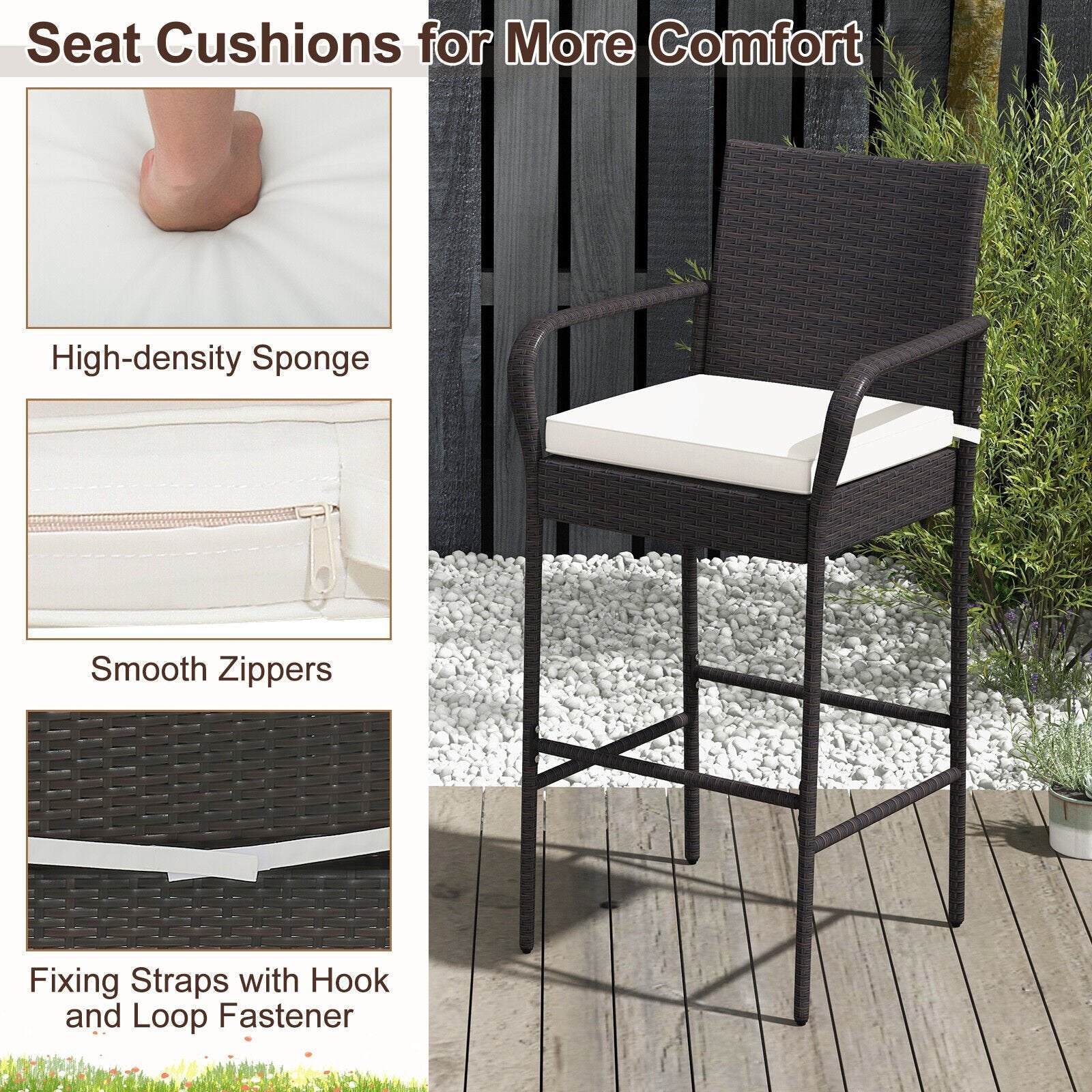 2/4 Pieces Outdoor PE Rattan Cushioned Barstool Set with Armrests-Set of 4, Off White Patio Bar Furniture   at Gallery Canada