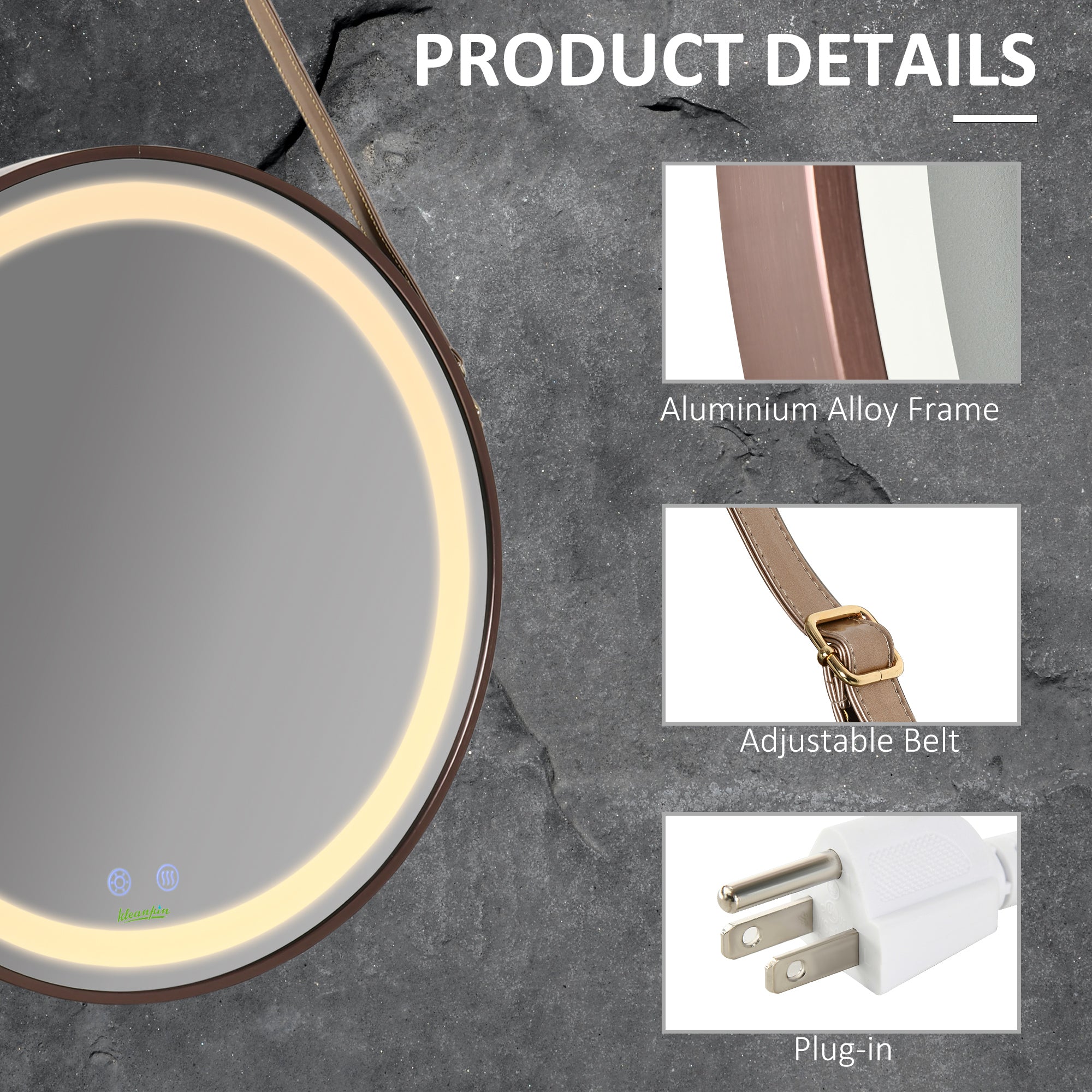 24'' Round Led Bathroom Mirror, Dimmable Anti Fog Wall-Mounted Mirror with 3 Temperature Colors, Plug-in, Rose Gold Wall Mirrors   at Gallery Canada