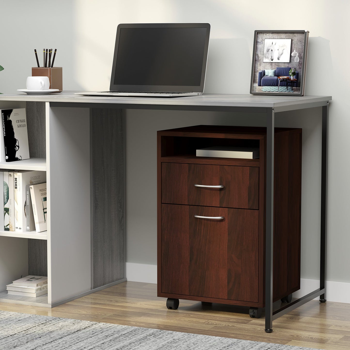 24" Small Filing Cabinet with Open Compartment, Drawer and Wheels, Home Office Storage Cabinet, Espresso Office Cabinets & Cupboards   at Gallery Canada