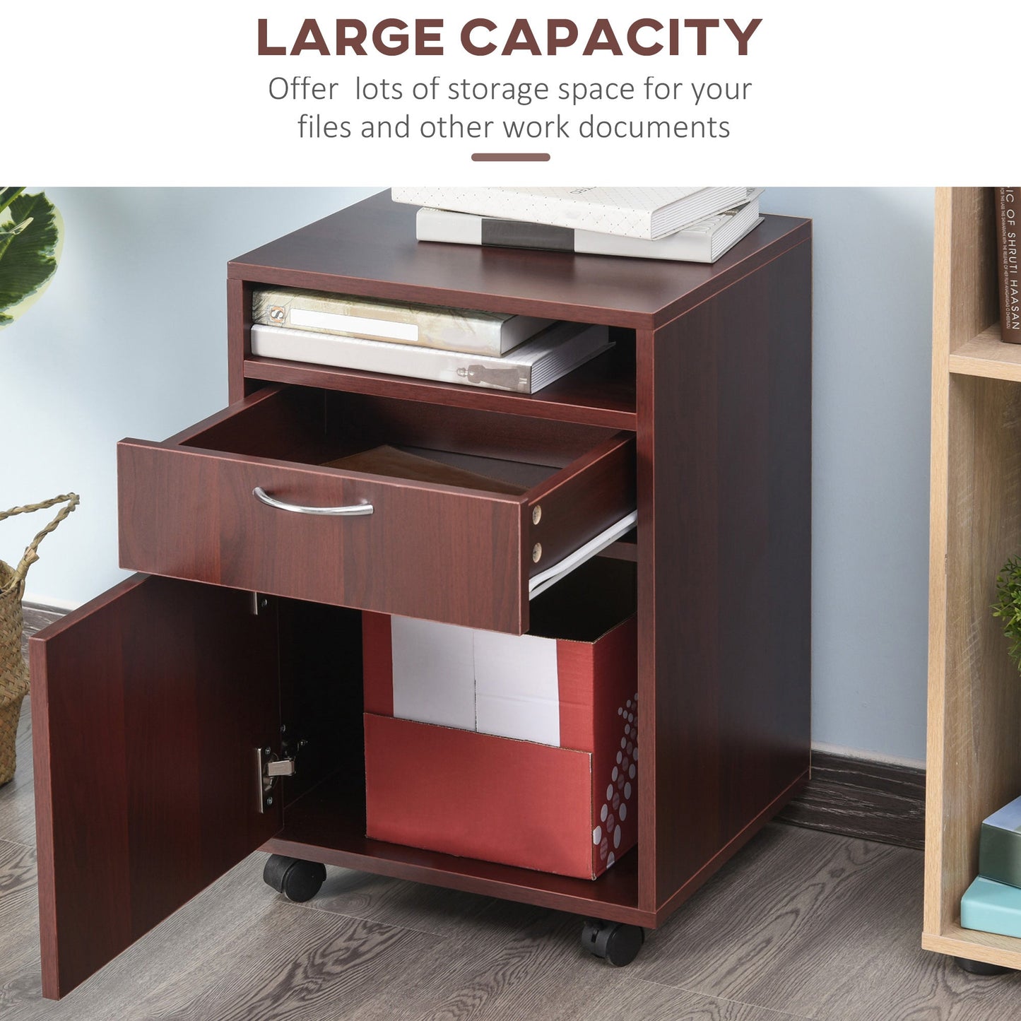 24" Small Filing Cabinet with Open Compartment, Drawer and Wheels, Home Office Storage Cabinet, Espresso Office Cabinets & Cupboards   at Gallery Canada