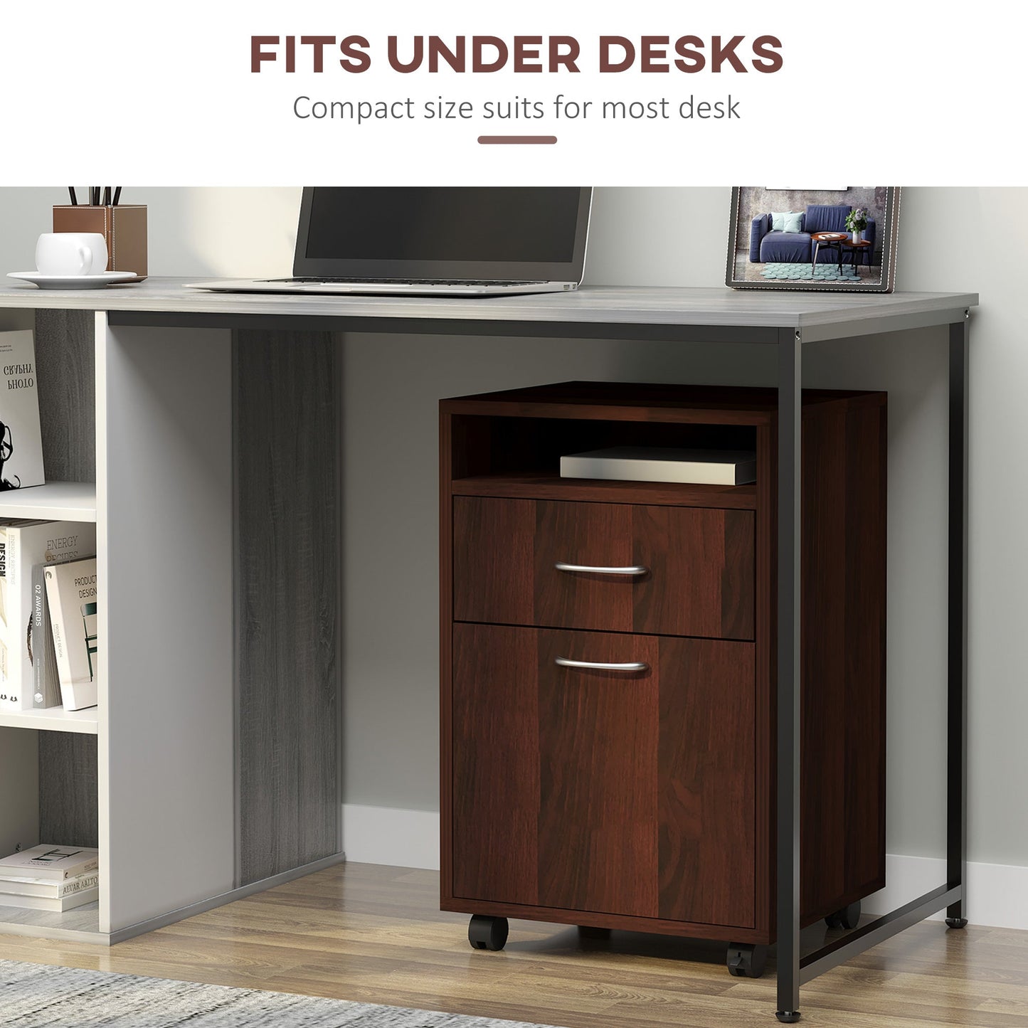 24" Small Filing Cabinet with Open Compartment, Drawer and Wheels, Home Office Storage Cabinet, Espresso Office Cabinets & Cupboards   at Gallery Canada