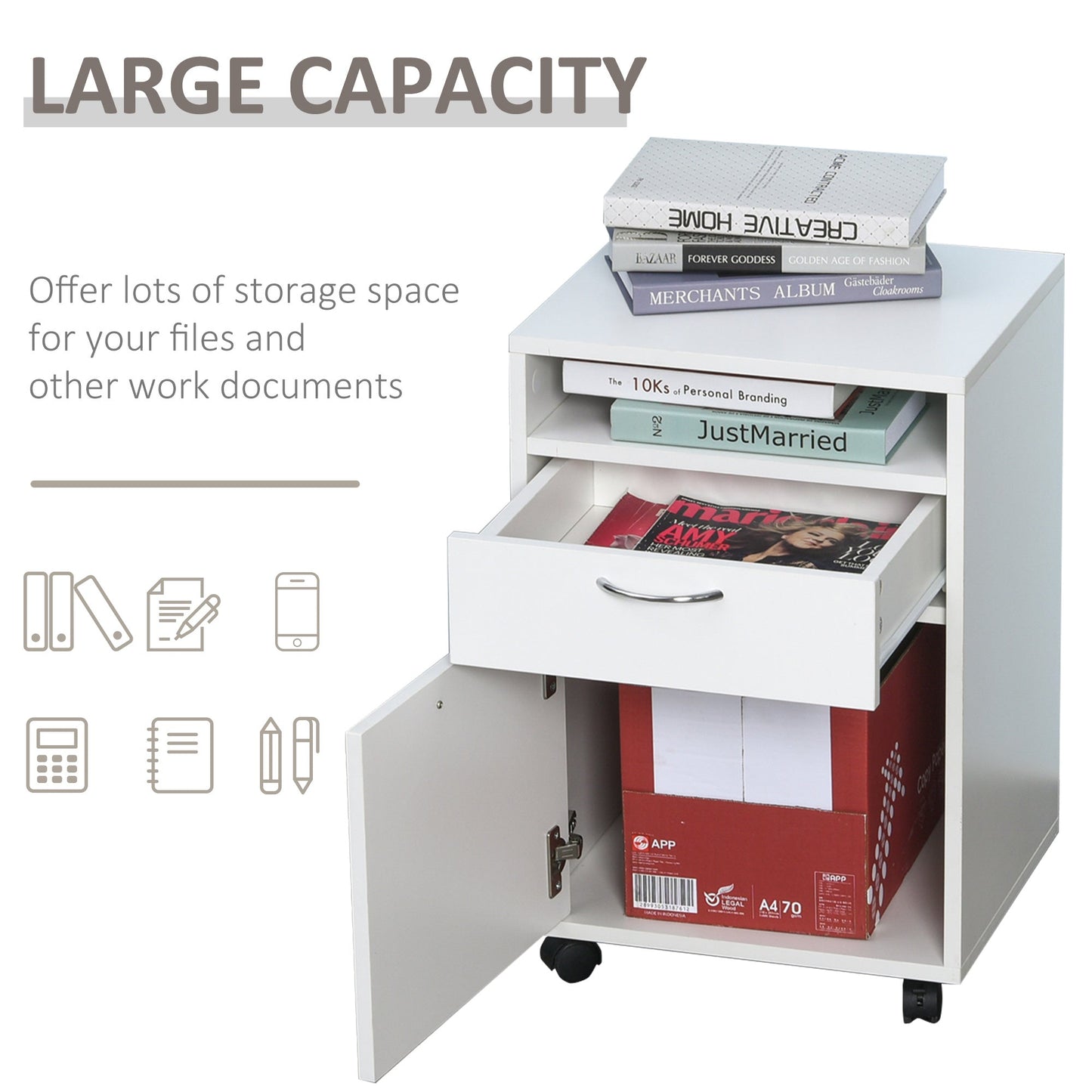 24" Vertical Filing Cabinet with Drawer, Mobile File Cabinet with Wheels, Storage Office Cabinet, White Office Cabinets & Cupboards   at Gallery Canada