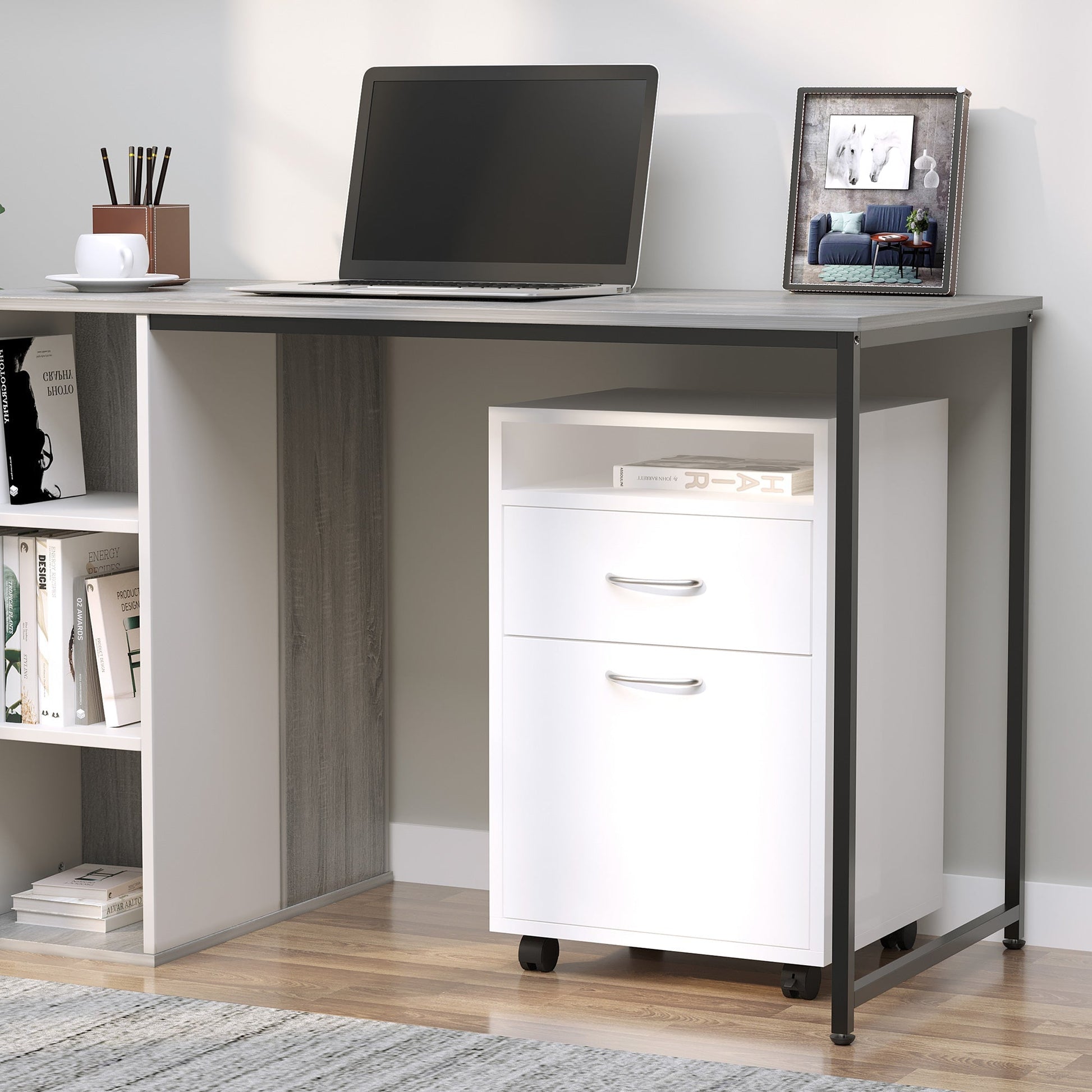 24" Vertical Filing Cabinet with Drawer, Mobile File Cabinet with Wheels, Storage Office Cabinet, White Office Cabinets & Cupboards   at Gallery Canada