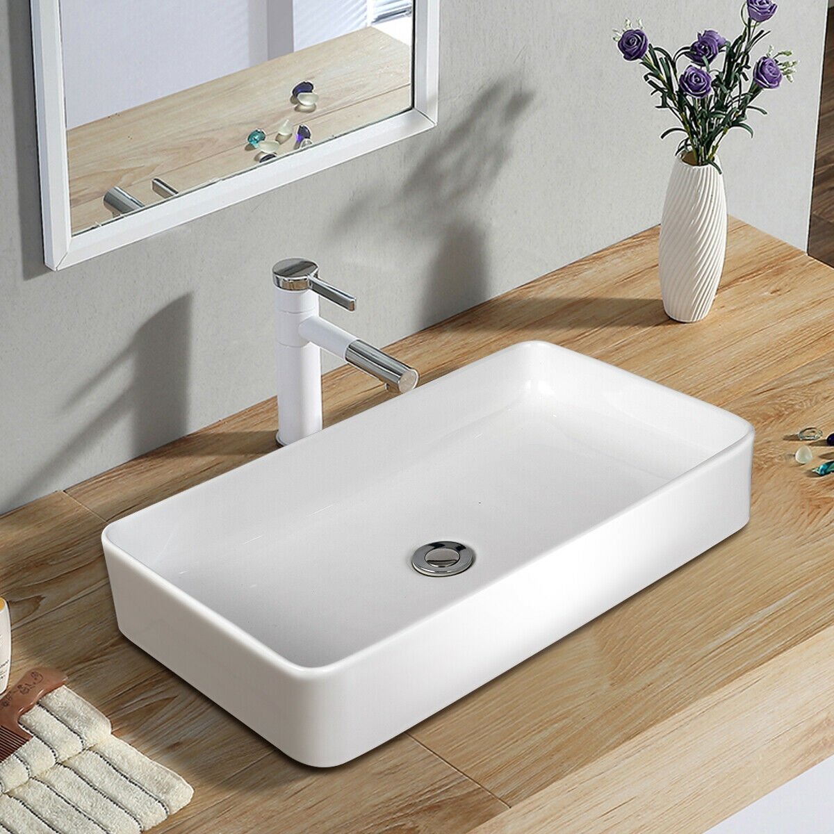 24 x 14 Inch Rectangle Bathroom Vessel Sink with Pop-up Drain, White Bathroom Sinks   at Gallery Canada