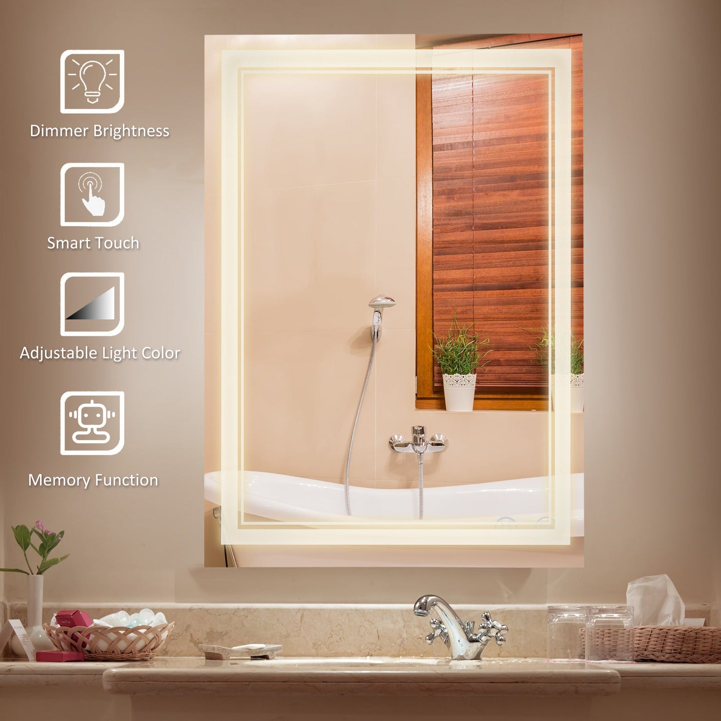 24" x 32" LED Bathroom Mirror, Dimmable Lighted Anti Fog Wall-Mounted Mirror, with 3 Colour, Smart Touch, Plug-in, Vertical or Horizontal Hanging Wall Mirrors   at Gallery Canada