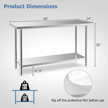 24 x 60 Inches Stainless Steel Kitchen Prep Work Table with Adjustable Undershelf, Silver Kitchen Tools   at Gallery Canada