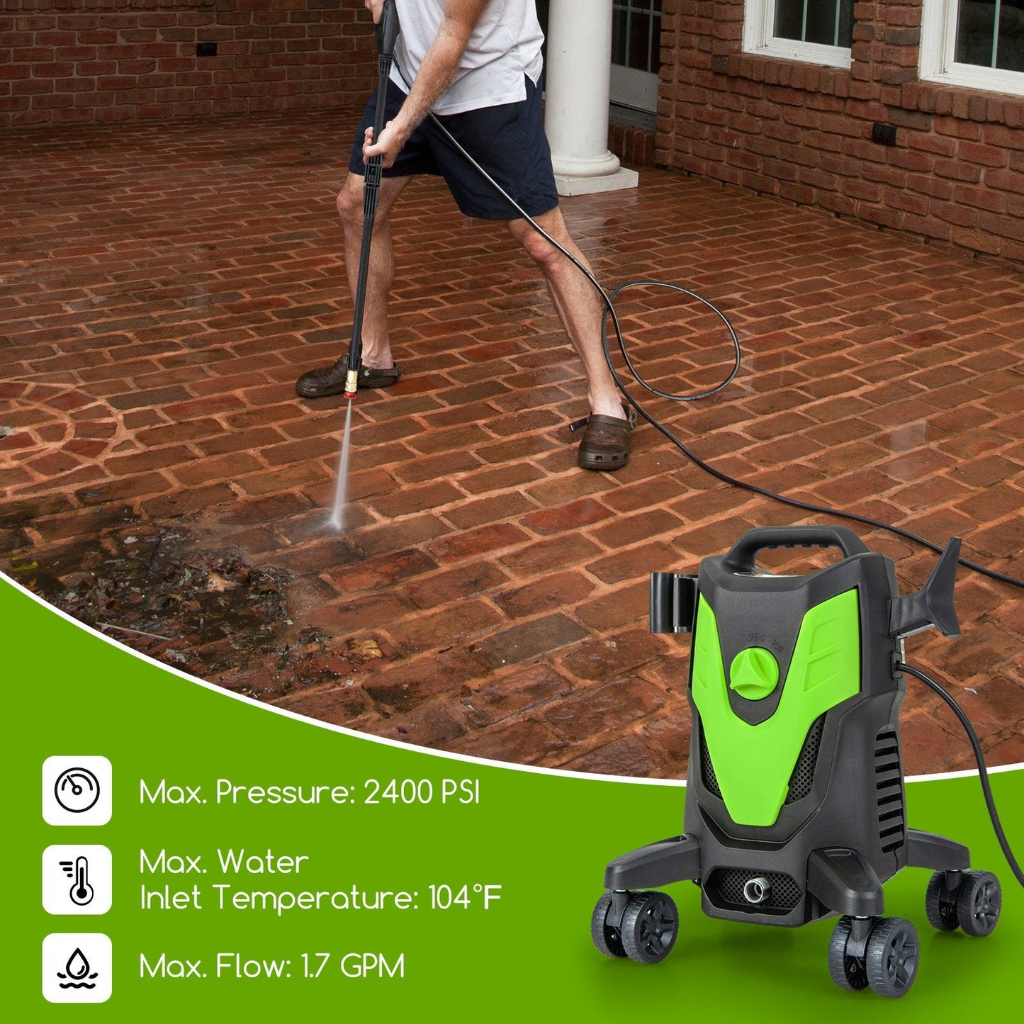 2400 PSI Electric Pressure Washer with 4 Universal Wheels, Green Vacuums & Cleaners   at Gallery Canada