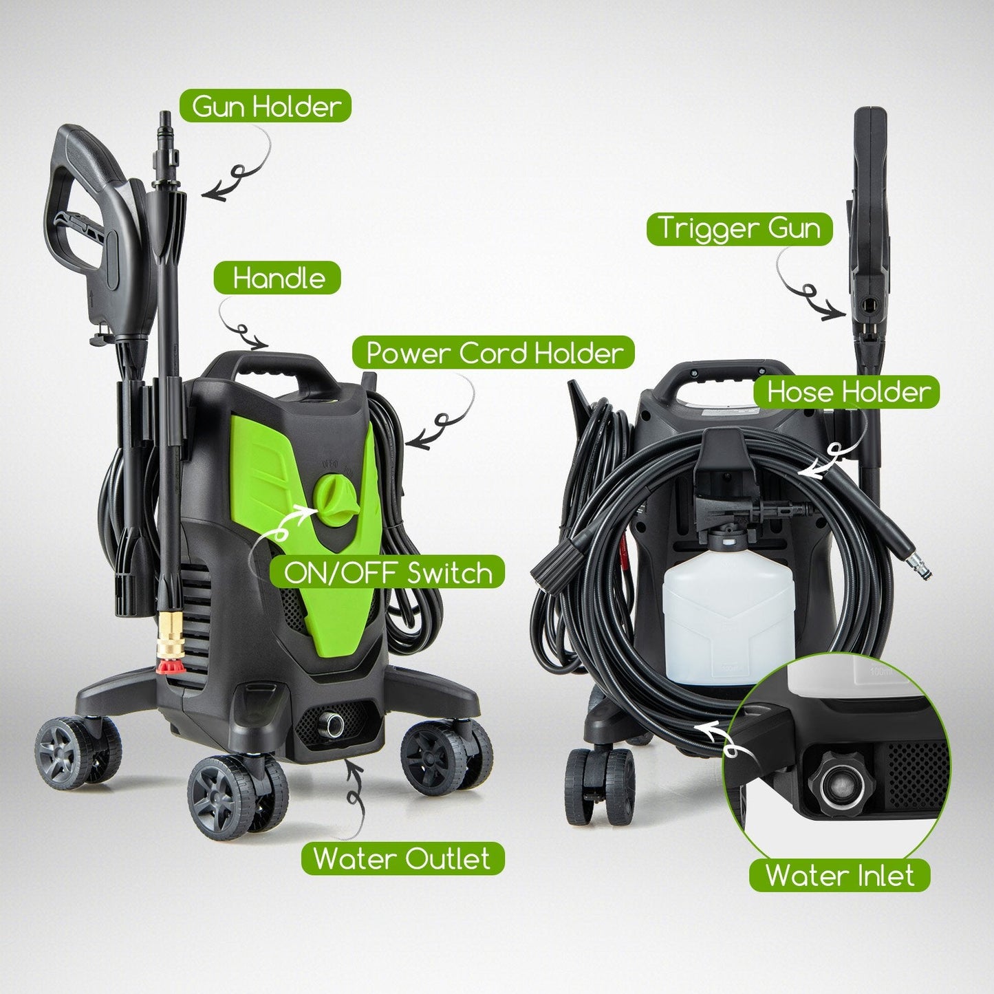 2400 PSI Electric Pressure Washer with 4 Universal Wheels, Green Vacuums & Cleaners   at Gallery Canada