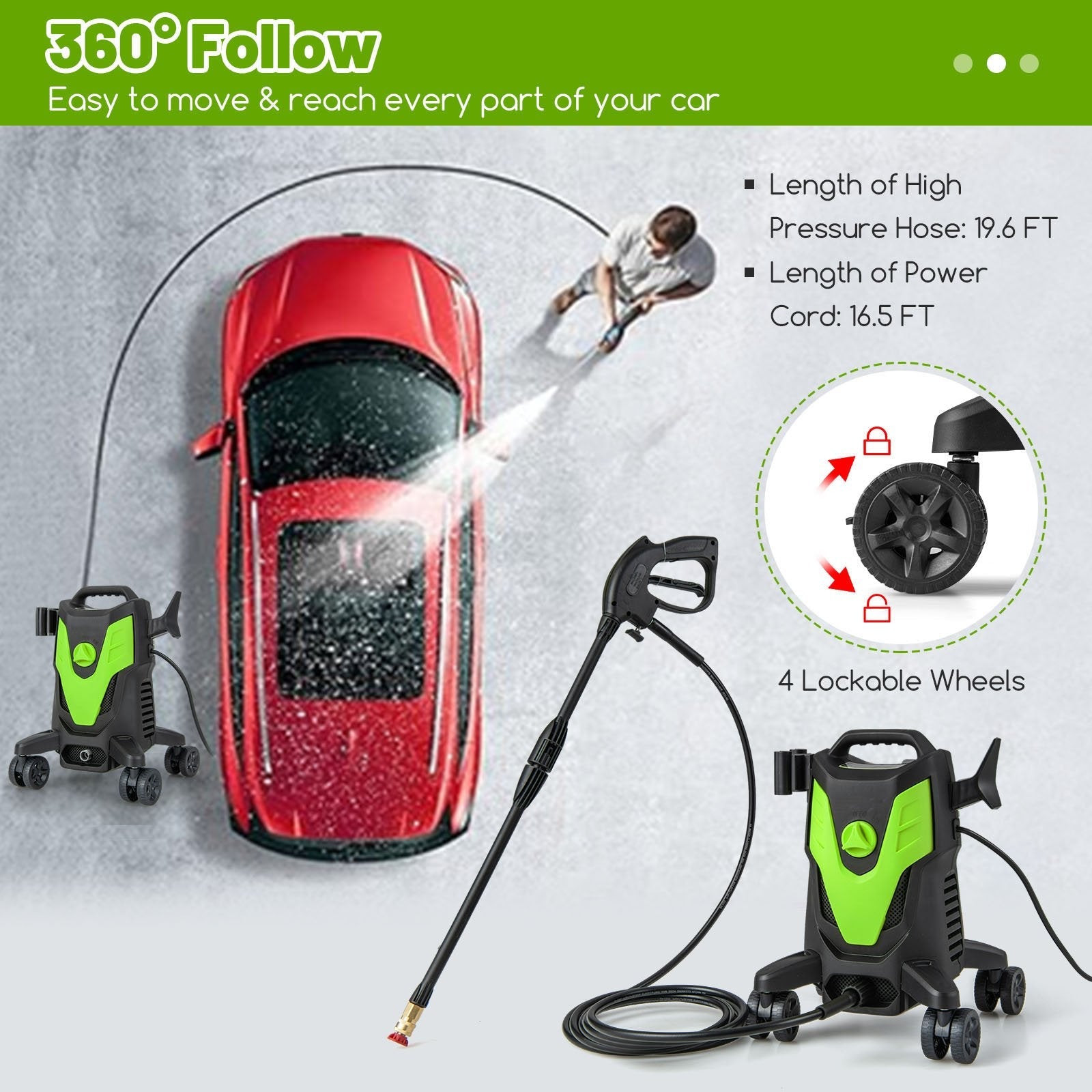 2400 PSI Electric Pressure Washer with 4 Universal Wheels, Green Vacuums & Cleaners   at Gallery Canada