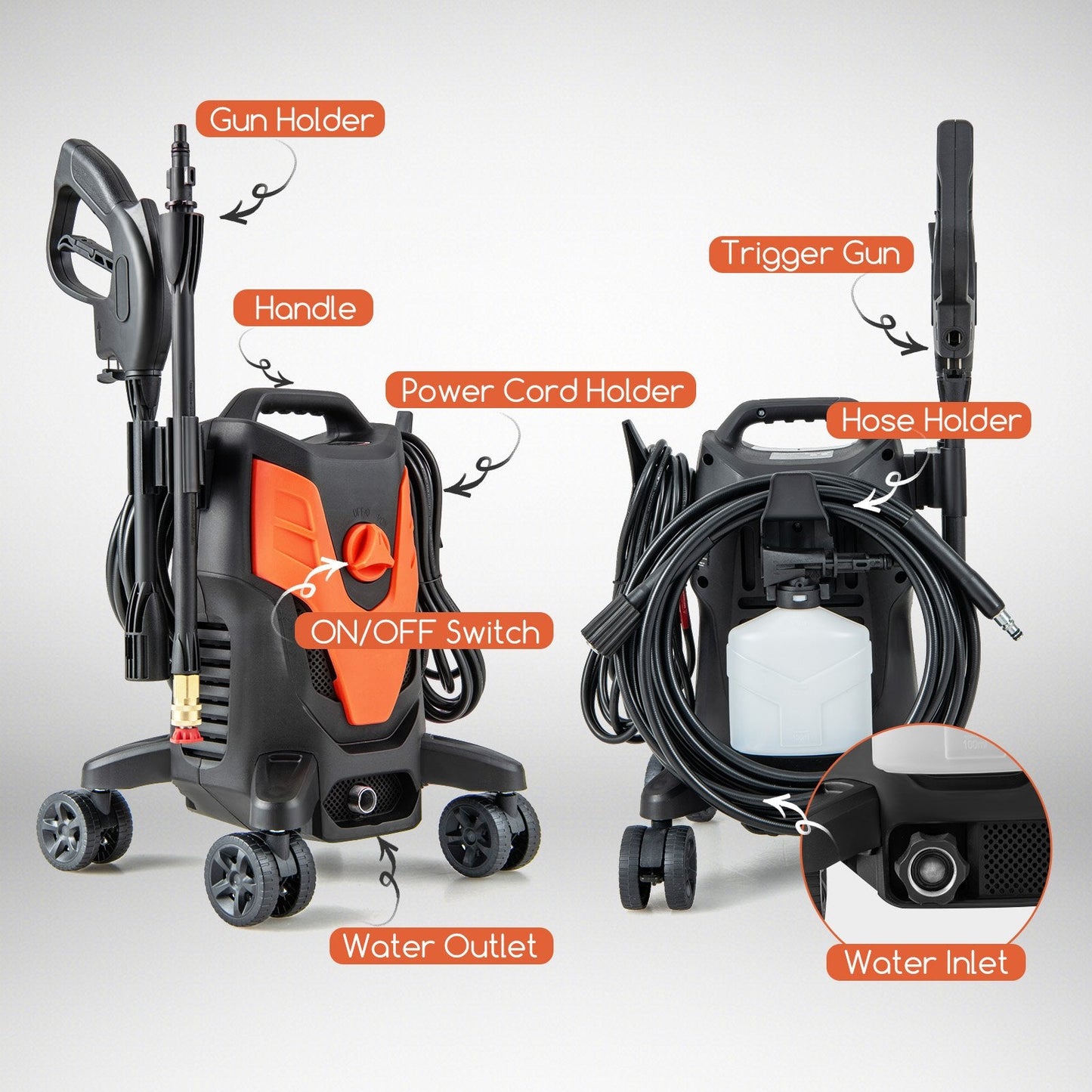 2400 PSI Electric Pressure Washer with 4 Universal Wheels, Orange Vacuums & Cleaners   at Gallery Canada