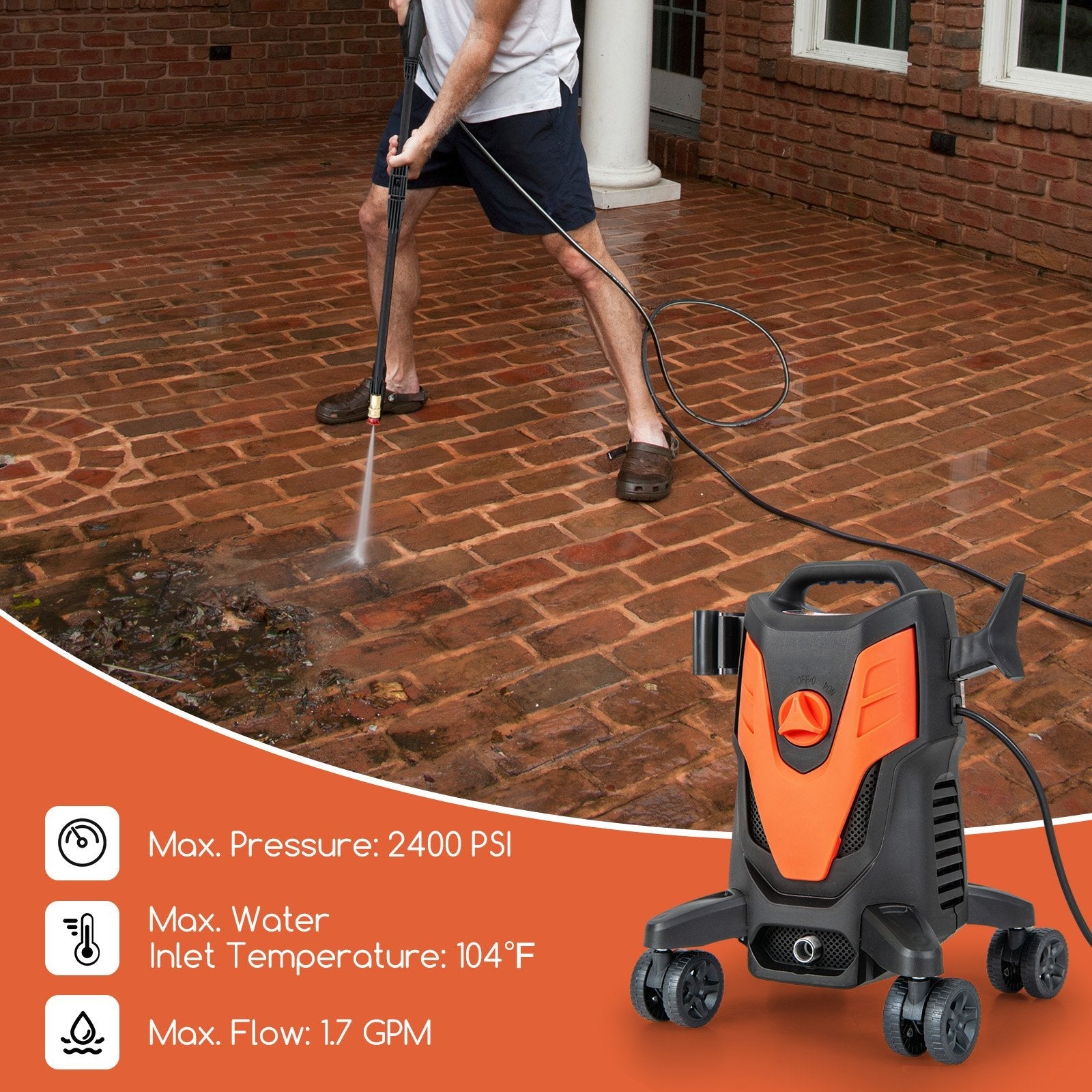 2400 PSI Electric Pressure Washer with 4 Universal Wheels, Orange Vacuums & Cleaners   at Gallery Canada