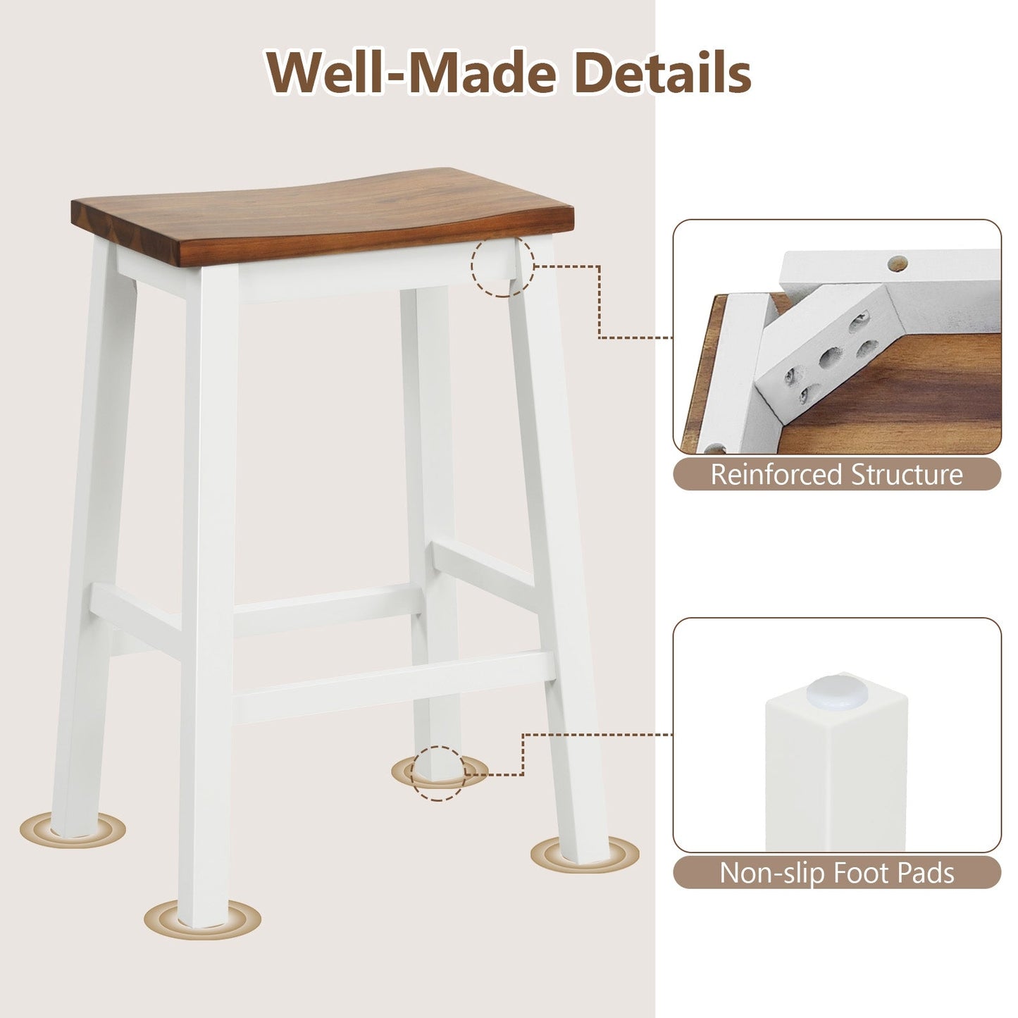 24.5-Inch Set of 2 Saddle Stools Bar Stools with Footrests for Kitchen Island-Walnut and White, Walnut & White Bar Stools   at Gallery Canada