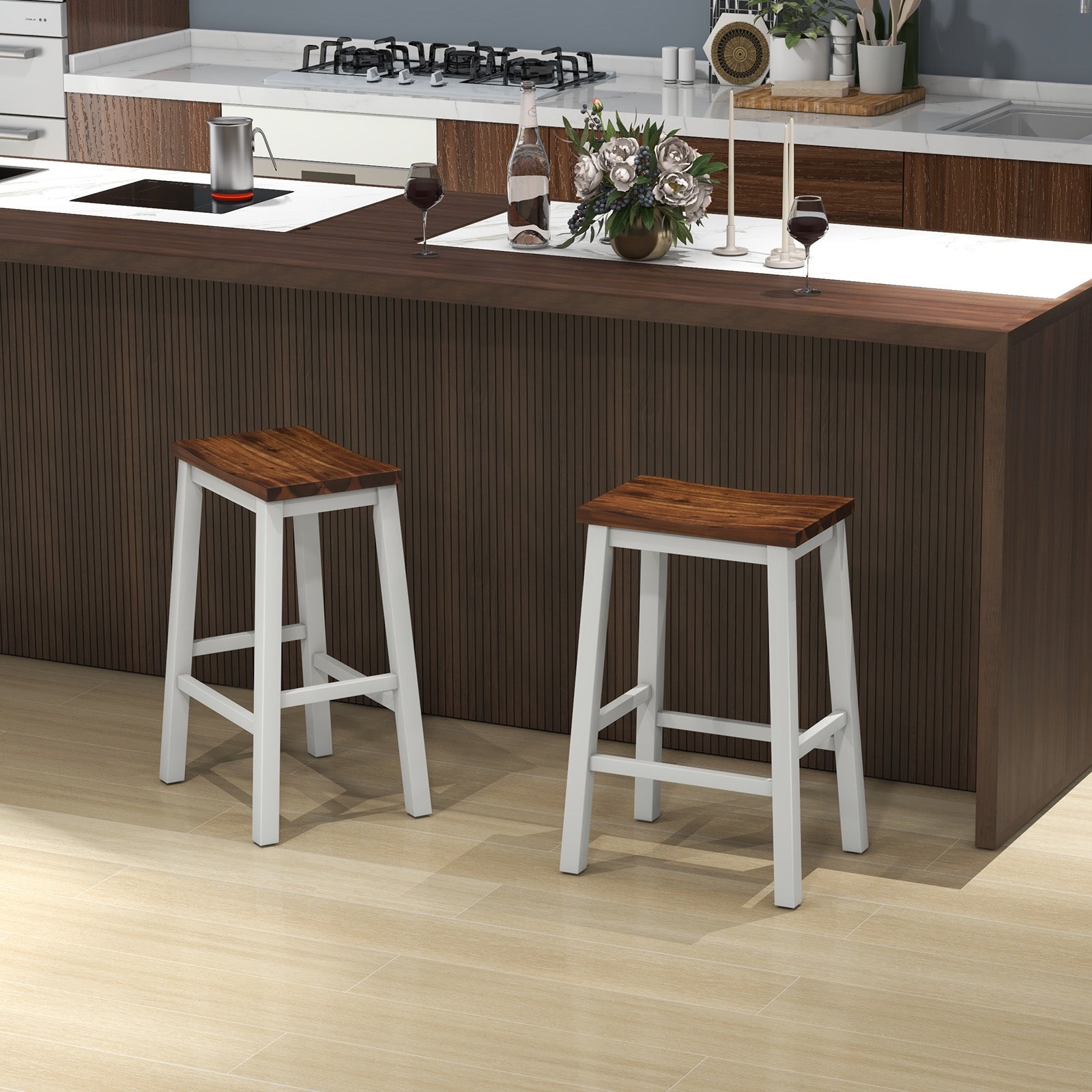 24.5-Inch Set of 2 Saddle Stools Bar Stools with Footrests for Kitchen Island-Walnut and White, Walnut & White Bar Stools   at Gallery Canada