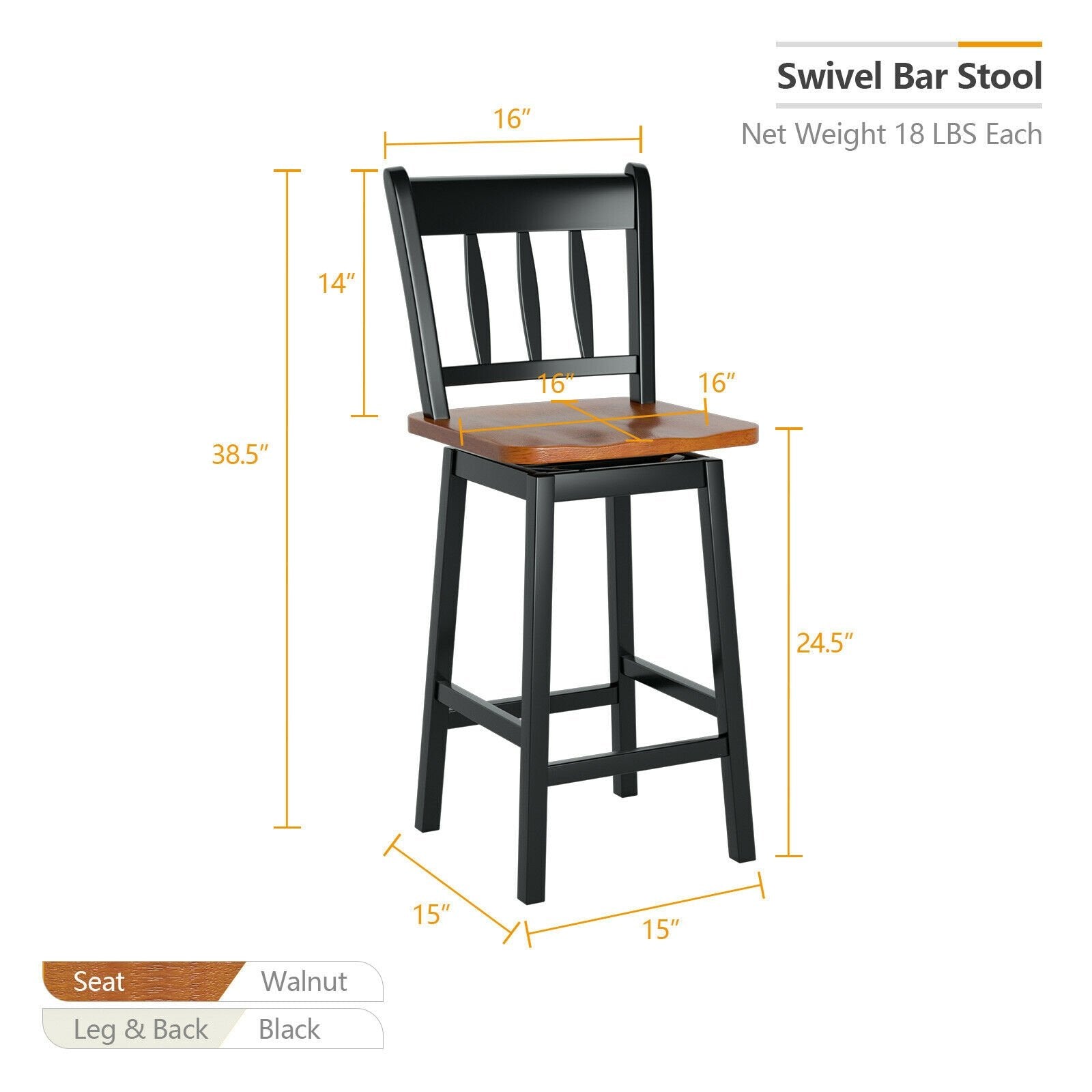 24.5 Inches Set of 2 Swivel Bar Stools with 360° Swiveling, Black Bar Stools   at Gallery Canada