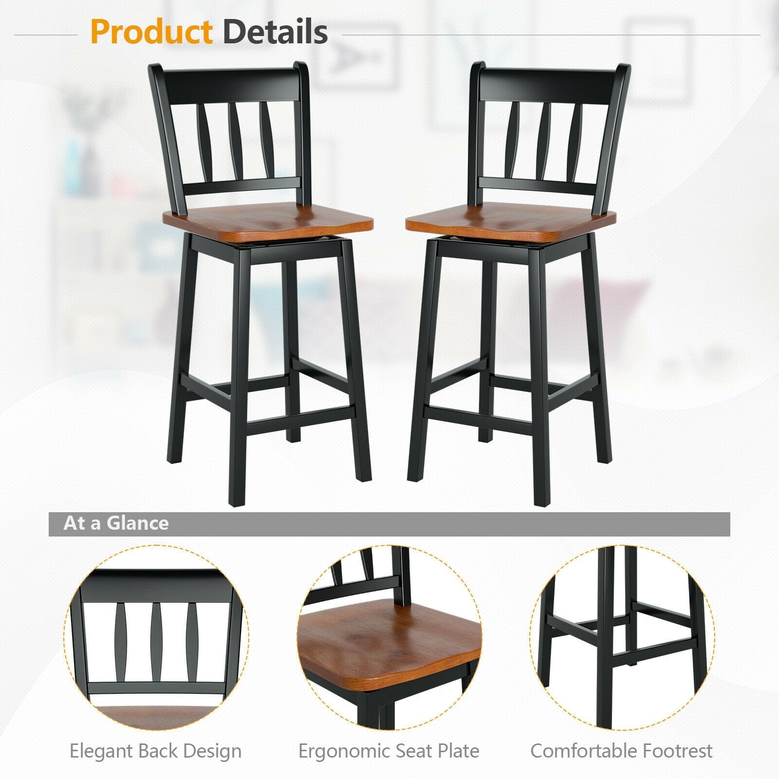 24.5 Inches Set of 2 Swivel Bar Stools with 360° Swiveling, Black Bar Stools   at Gallery Canada