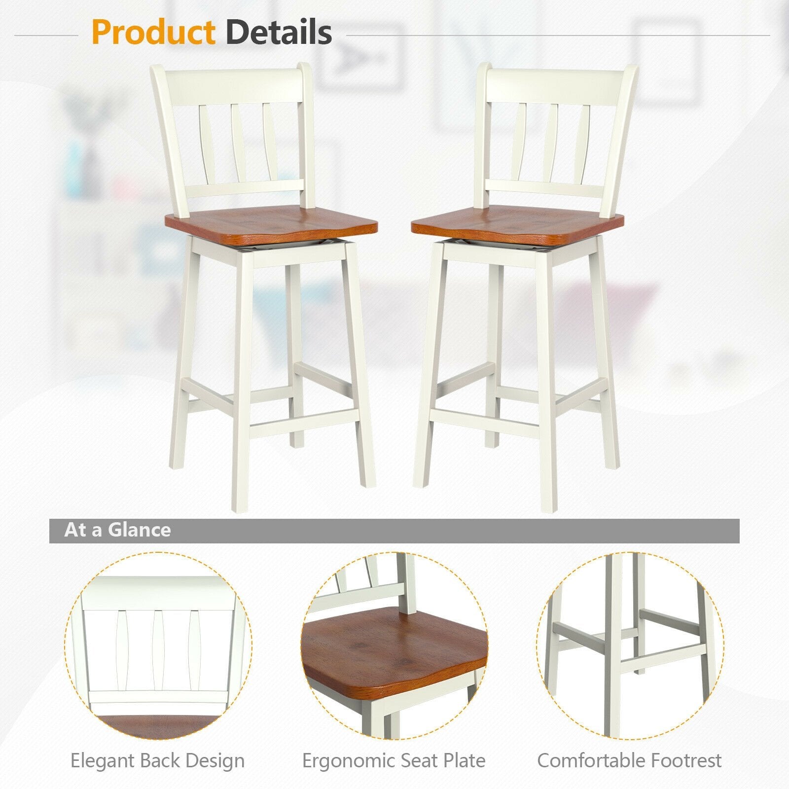 24.5 Inches Set of 2 Swivel Bar Stools with 360° Swiveling, White Bar Stools   at Gallery Canada