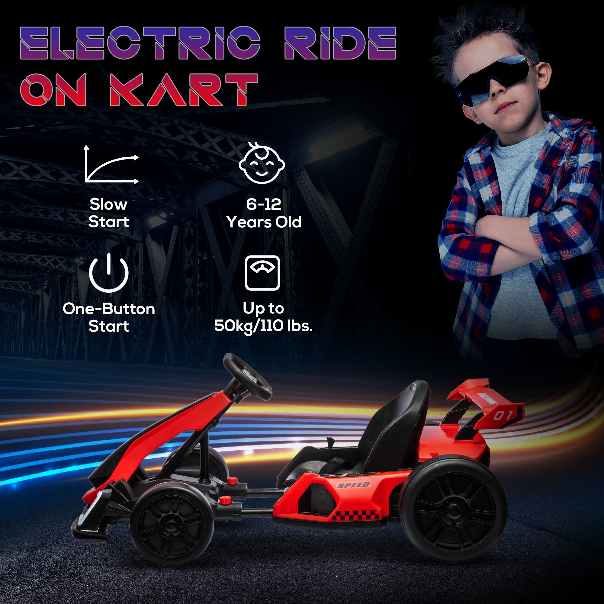 24V Go Kart for Kids with Adjustable Seat, Slow Start, Button Start, Music, Honking Horn, Lights, for 6-12 Years, Red Pedal Go Karts for Kids   at Gallery Canada