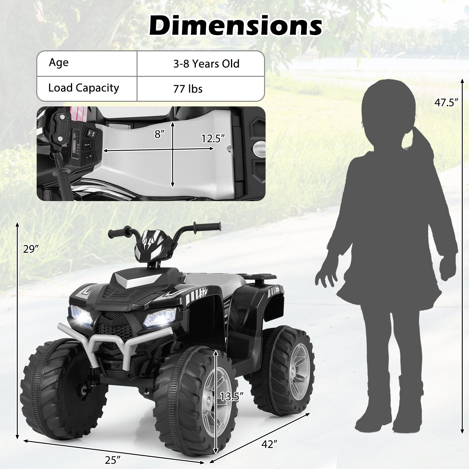 24V Kids Ride-On Electric ATV with Wireless Connection for Toddlers 3-8 Years Old, Black Powered Ride On Toys   at Gallery Canada