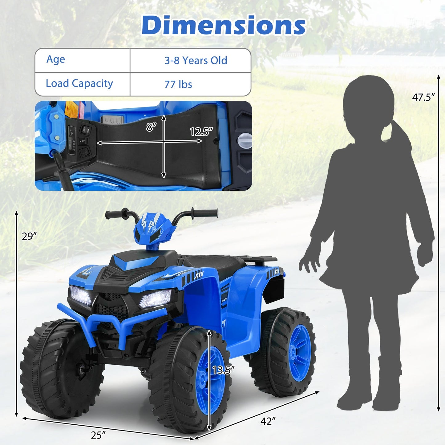 24V Kids Ride-On Electric ATV with Wireless Connection for Toddlers 3-8 Years Old, Blue Powered Ride On Toys   at Gallery Canada