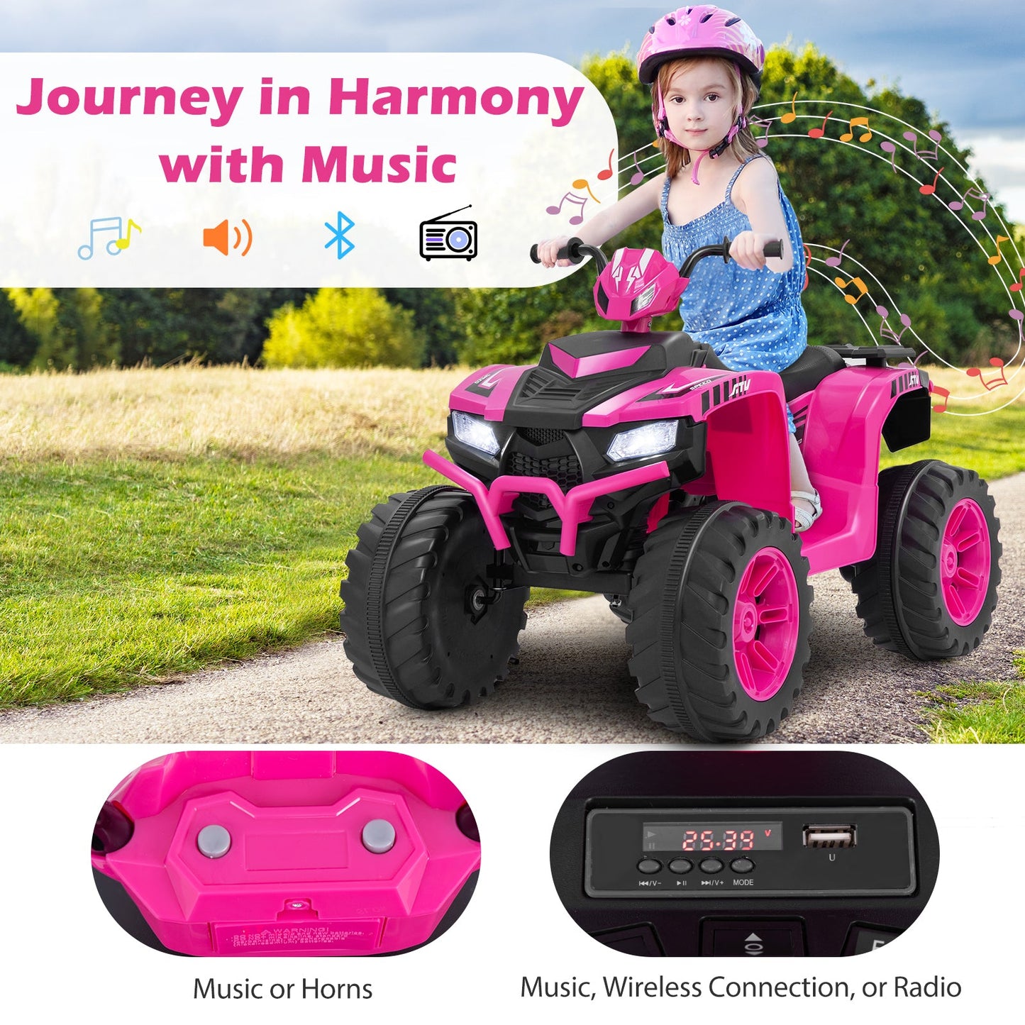 24V Kids Ride-On Electric ATV with Wireless Connection for Toddlers 3-8 Years Old, Pink Powered Ride On Toys   at Gallery Canada