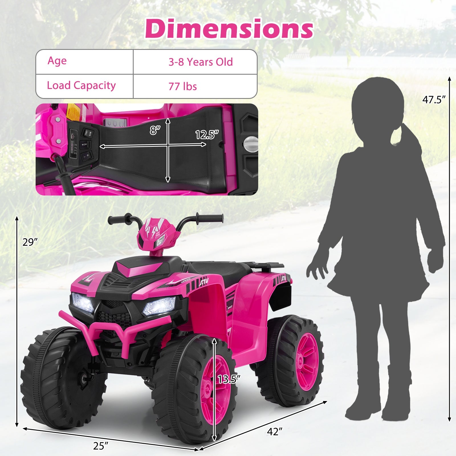 24V Kids Ride-On Electric ATV with Wireless Connection for Toddlers 3-8 Years Old, Pink Powered Ride On Toys   at Gallery Canada