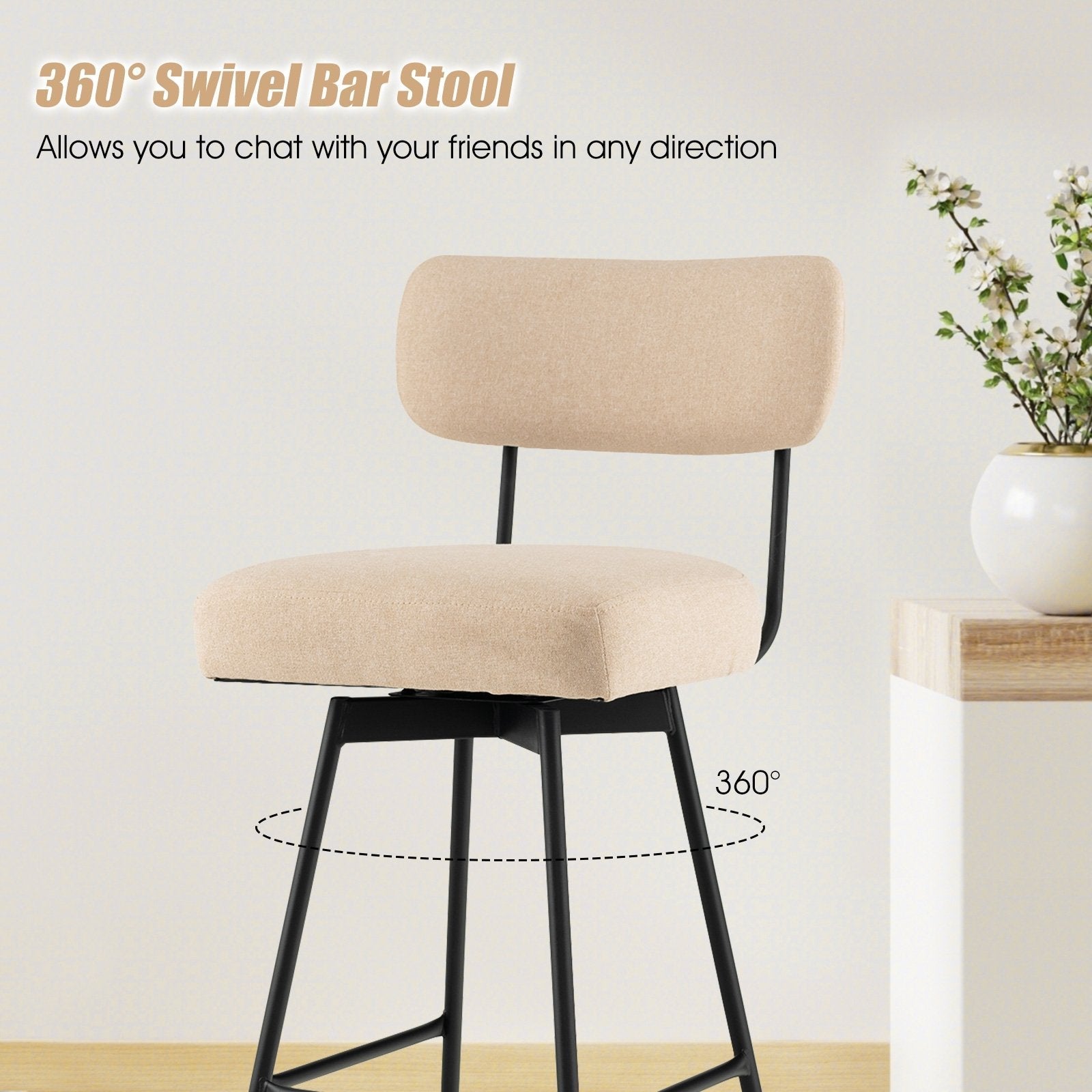 25" 2-Piece Modern Upholstered Bar Stools with Back and Footrests, Beige Bar Stools   at Gallery Canada