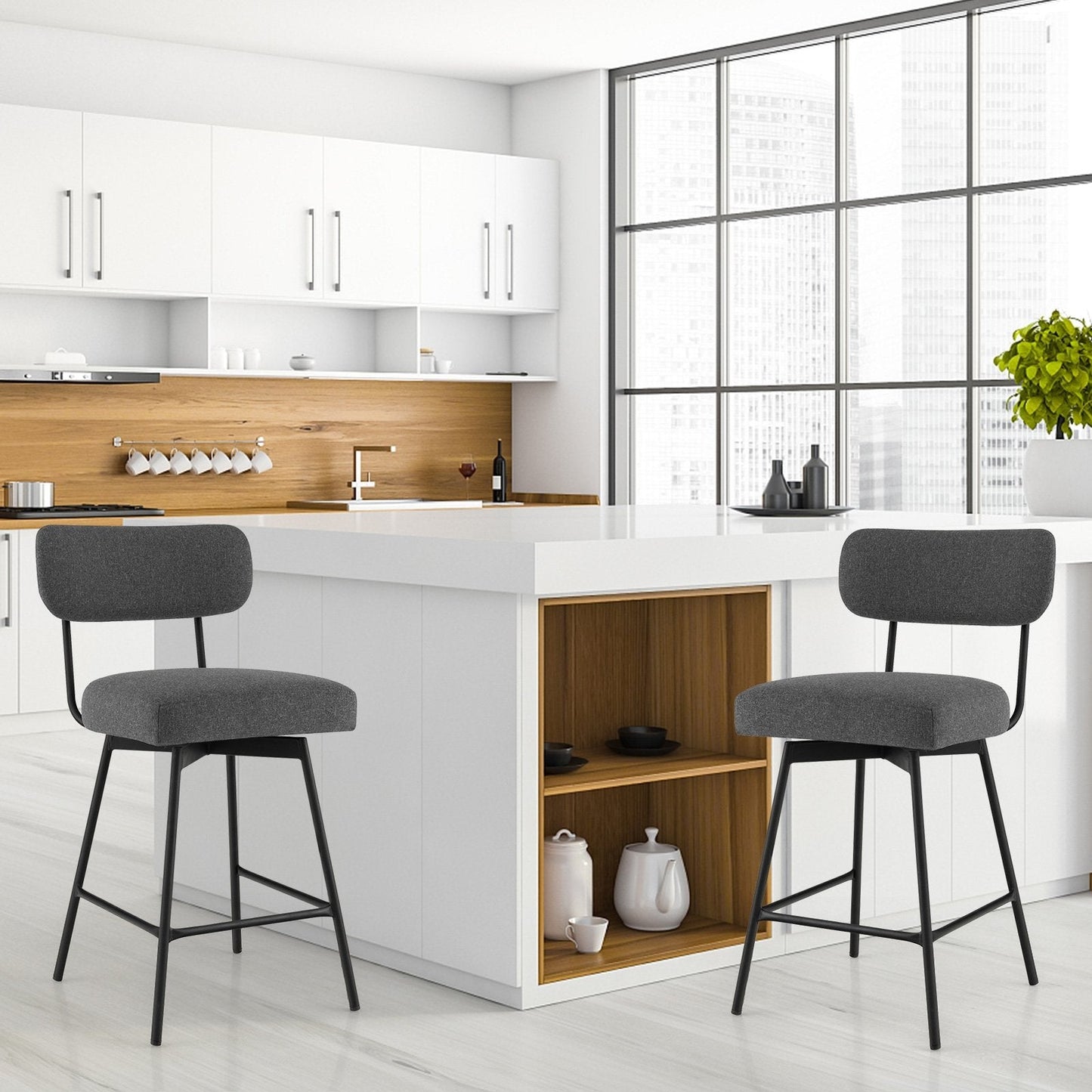 25" 2-Piece Modern Upholstered Bar Stools with Back and Footrests, Gray Bar Stools   at Gallery Canada