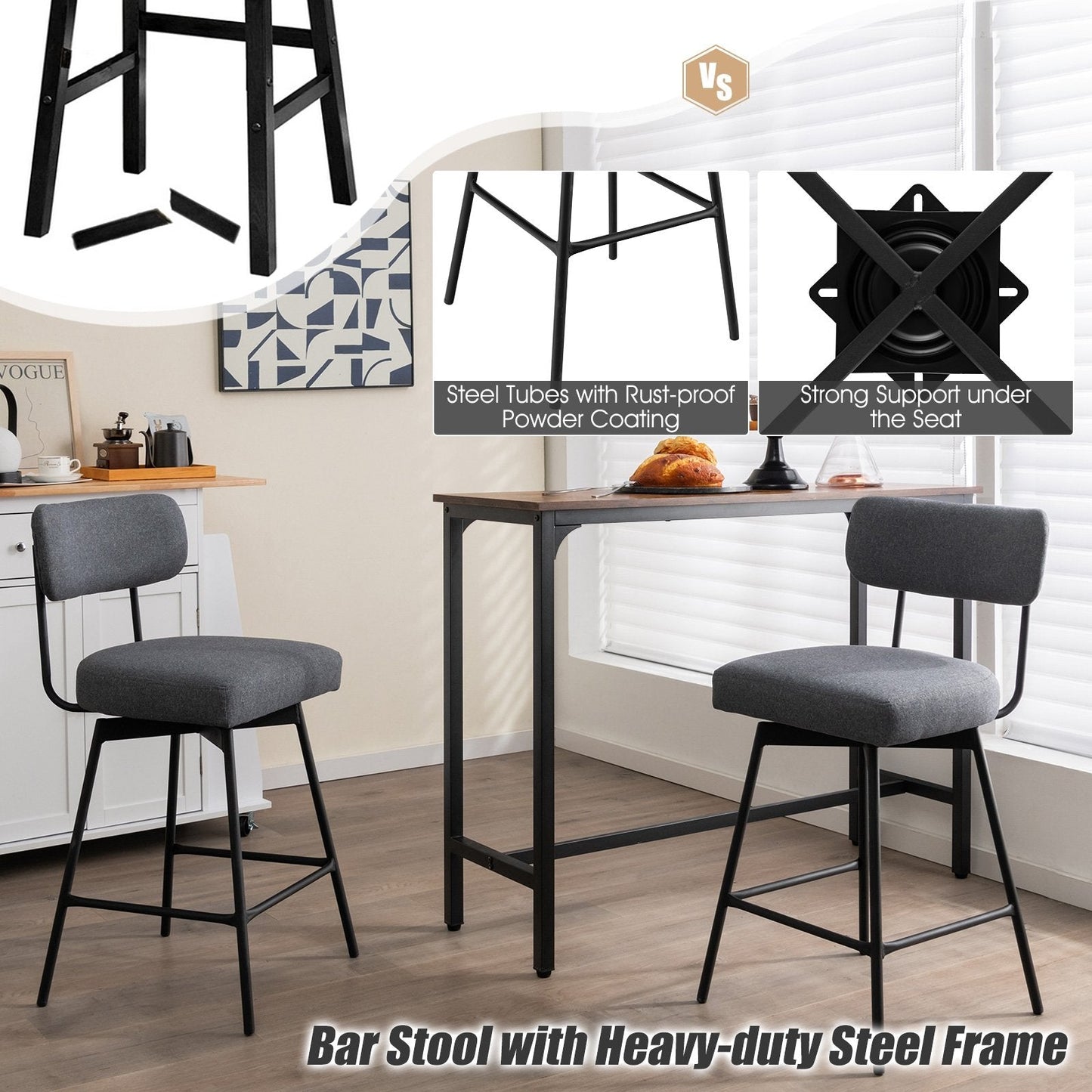 25" 2-Piece Modern Upholstered Bar Stools with Back and Footrests, Gray Bar Stools   at Gallery Canada