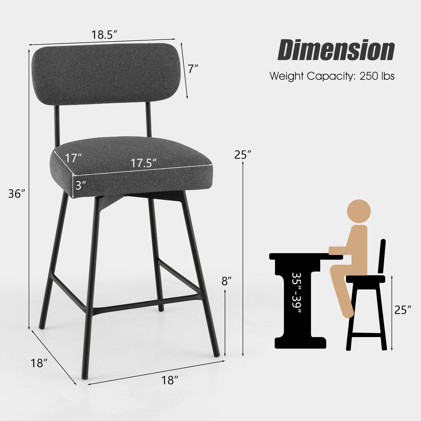 25" 2-Piece Modern Upholstered Bar Stools with Back and Footrests, Gray Bar Stools   at Gallery Canada