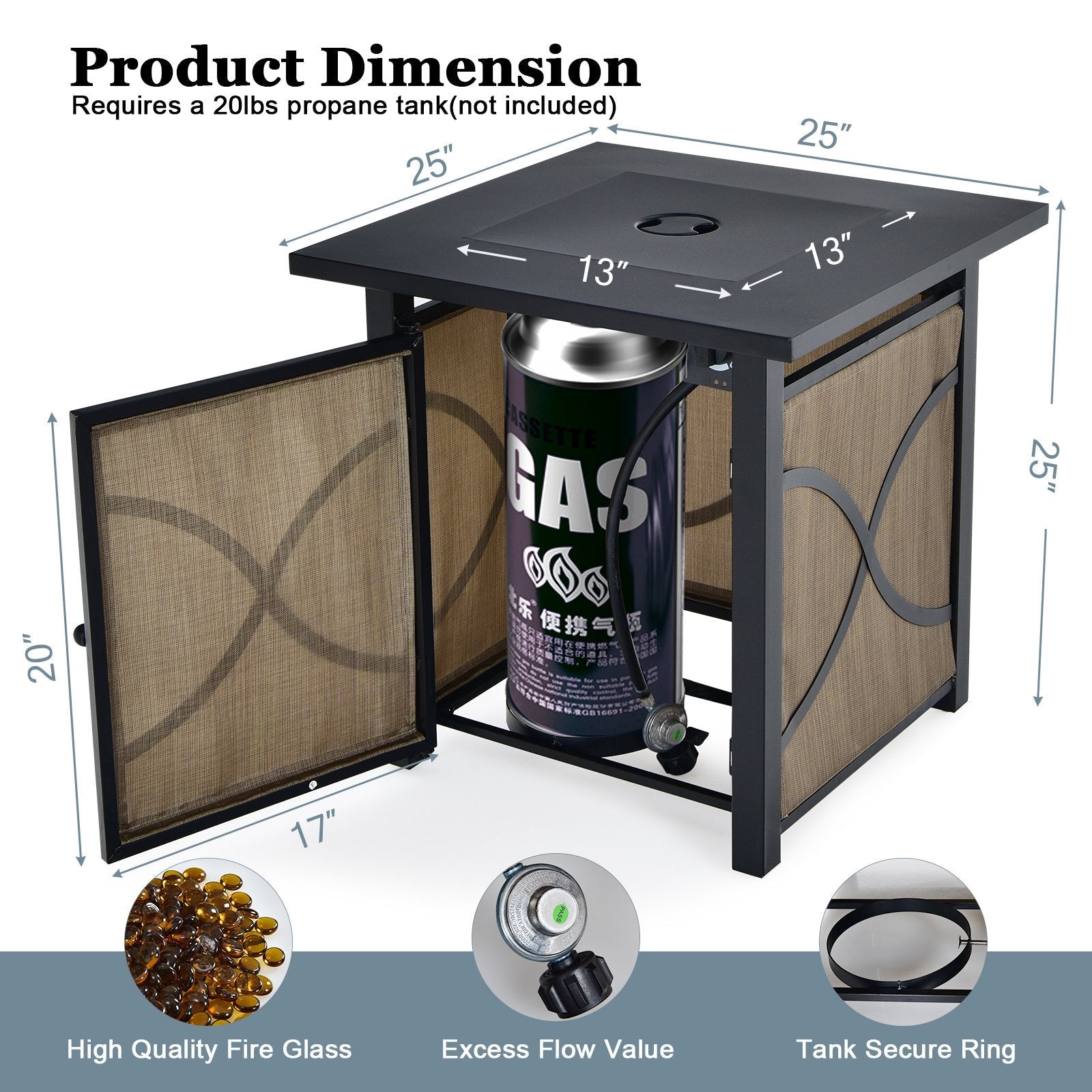 25 Inch 40000 BTU Propane Fire Pit Table with Lid and Fire Glass, Multicolor Fire Pits   at Gallery Canada