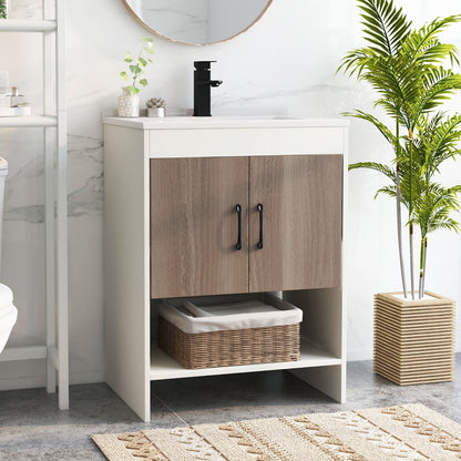 25 Inch Bathroom Vanity Sink Combo Cabinet with Doors and Open Shelf, Gray Floor Cabinets   at Gallery Canada