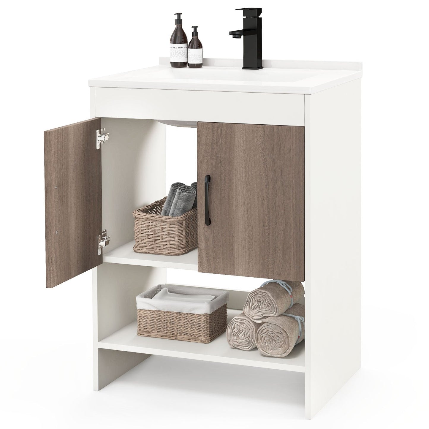 25 Inch Bathroom Vanity Sink Combo Cabinet with Doors and Open Shelf, Gray Floor Cabinets   at Gallery Canada